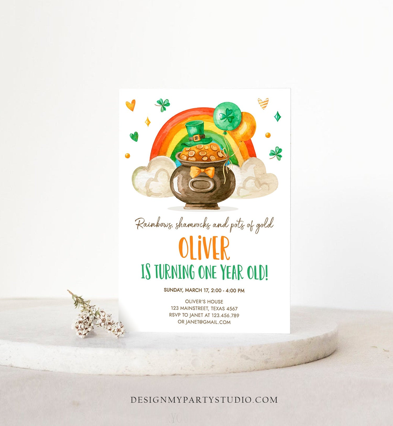 Editable Lucky One Birthday Invitation St. Patrick's Day First Birthday 1st Boy Shamrock Clover Download Corjl Template Printable 0380