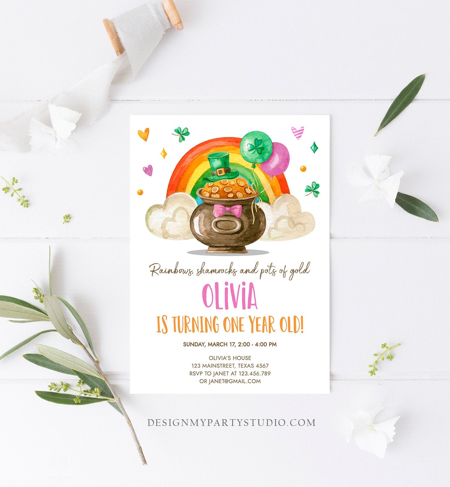 Editable Lucky One Birthday Invitation St. Patrick's Day First Birthday 1st Girl Pink Shamrock Clover Download Corjl Template Printable 0380