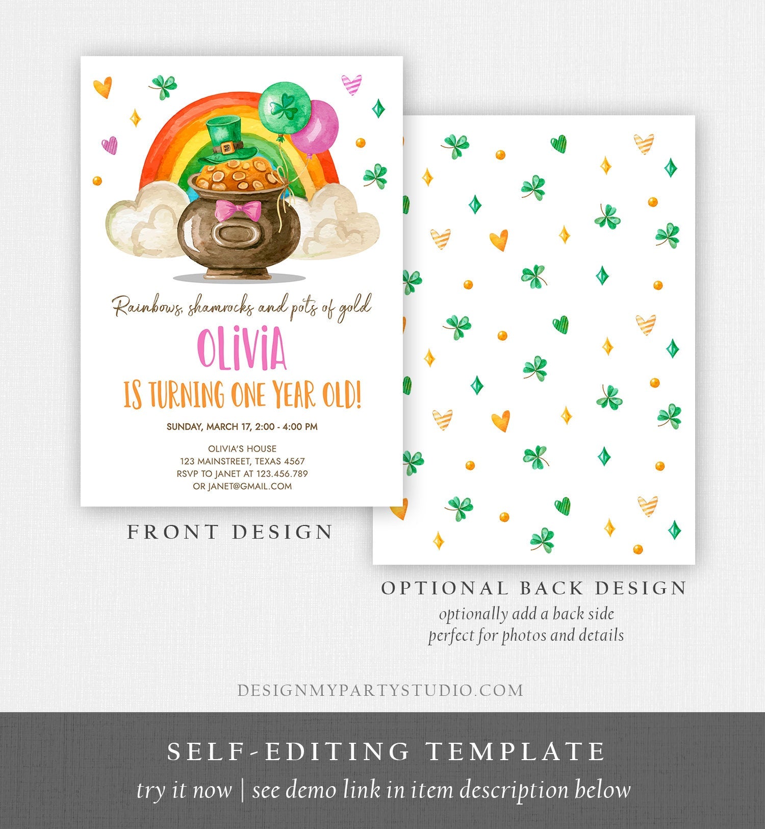 Editable Lucky One Birthday Invitation St. Patrick's Day First Birthday 1st Girl Pink Shamrock Clover Download Corjl Template Printable 0380