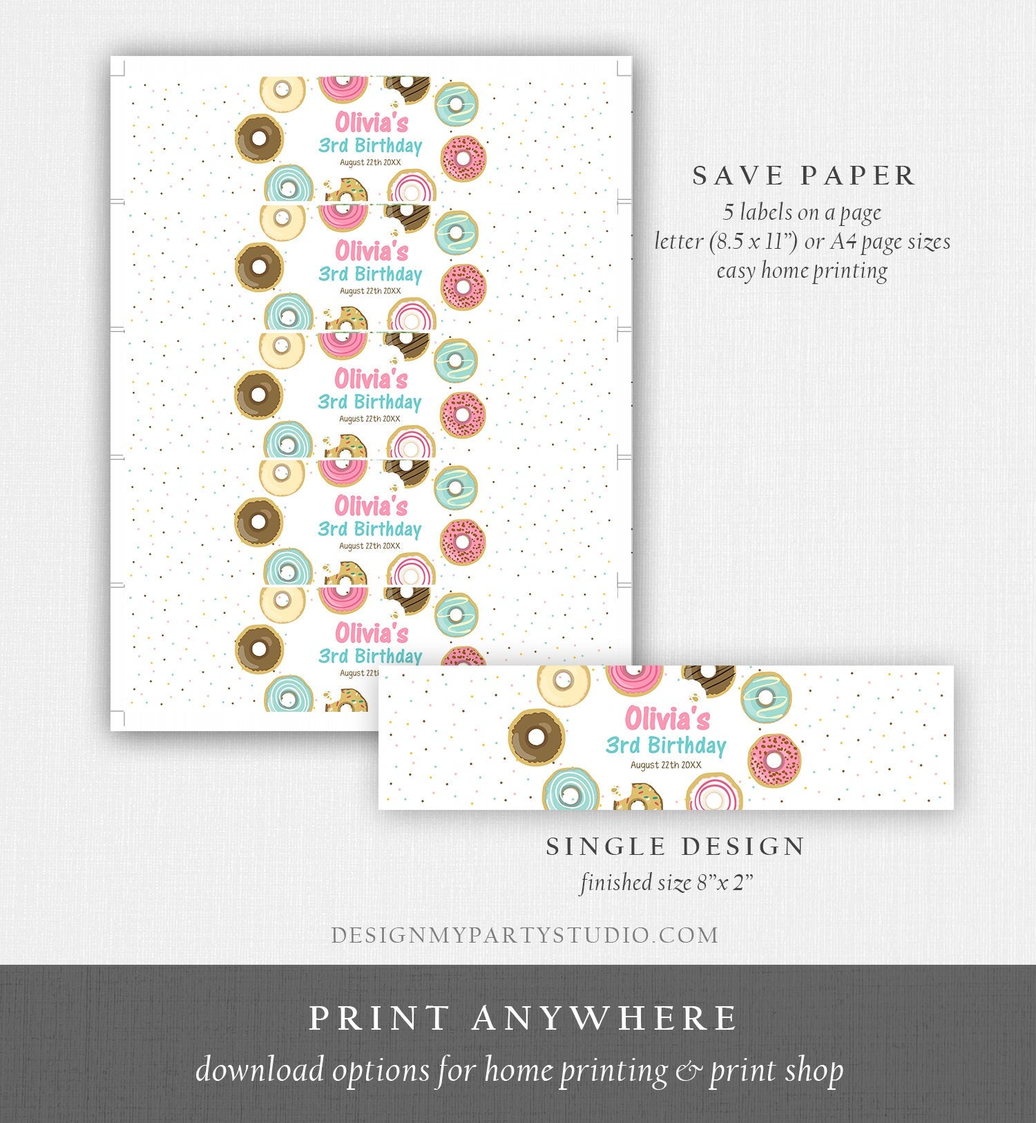 Editable Donut Water Bottle Label Sweet Doughnut Birthday Baby Shower Sprinkle Girl Pink Sprinkled With Love Printable Template Corjl 0011