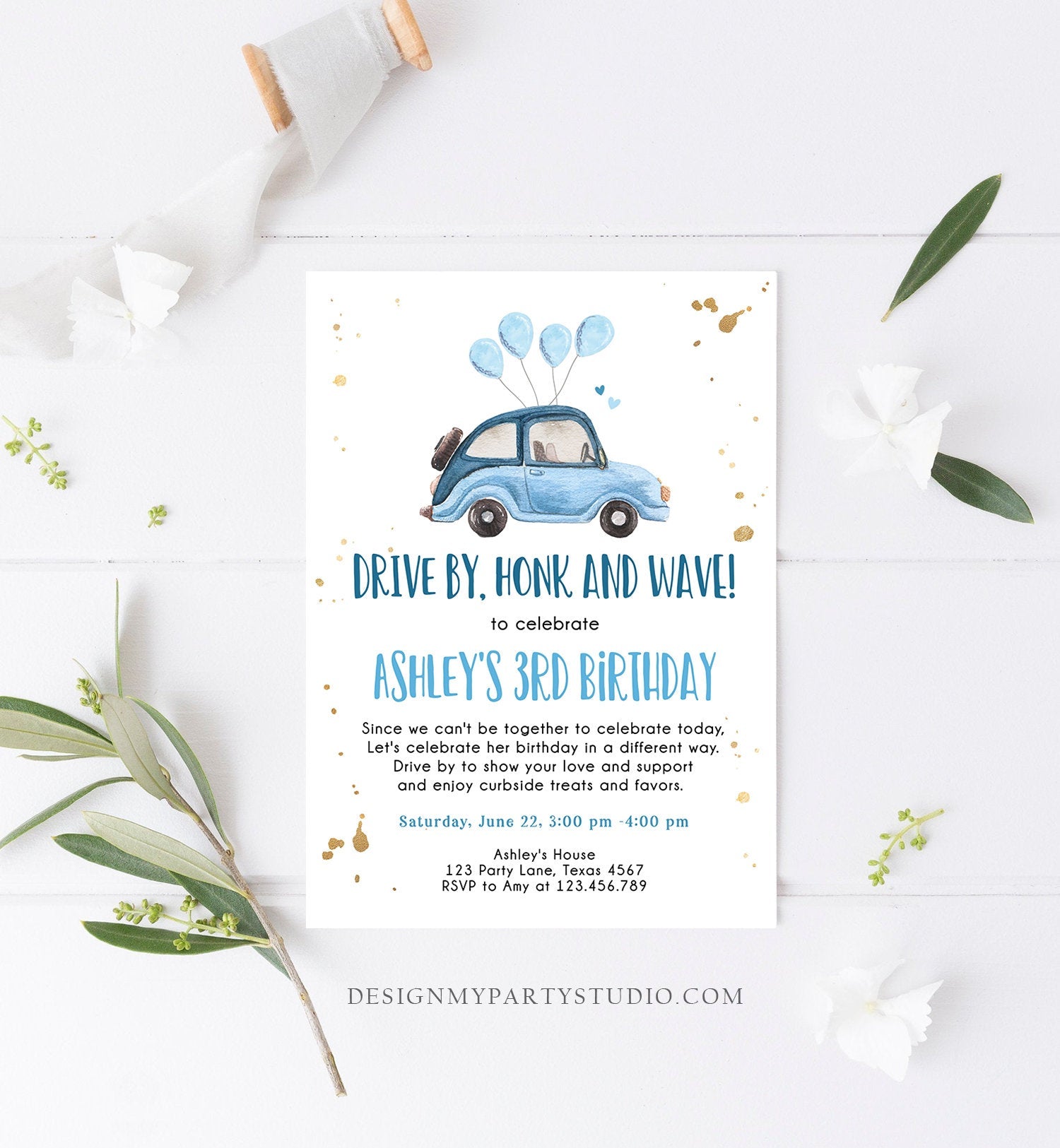 Editable Drive By Birthday Parade Invitation Virtual Party Invite Honk Wave Car Girl Blue Quarantine Through Download Digital Corjl 0335