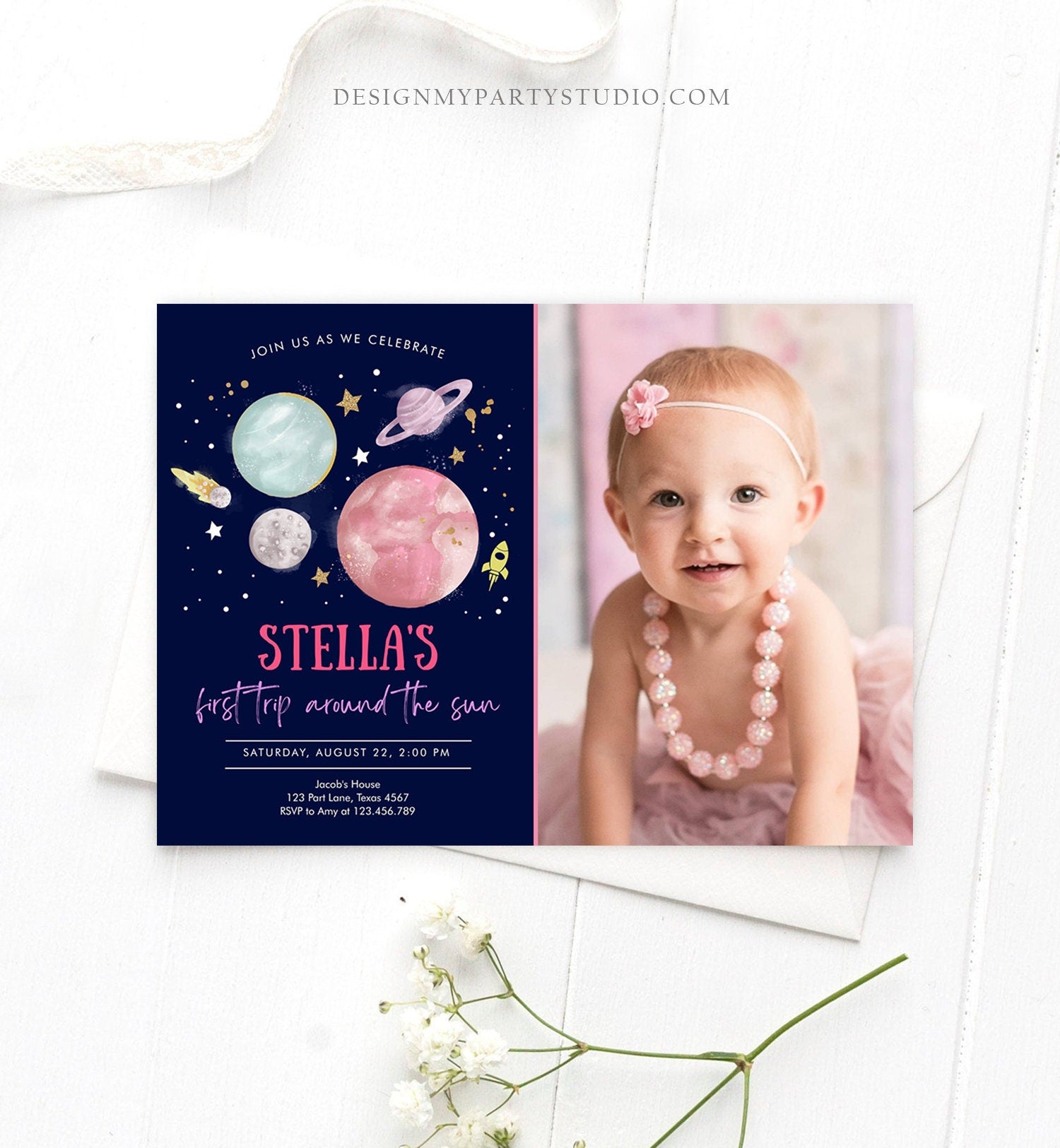 Editable Outer Space Girl First Birthday Invitation Galaxy Blast Off First Trip Around the Sun Pink Download Printable Template Corjl 0357