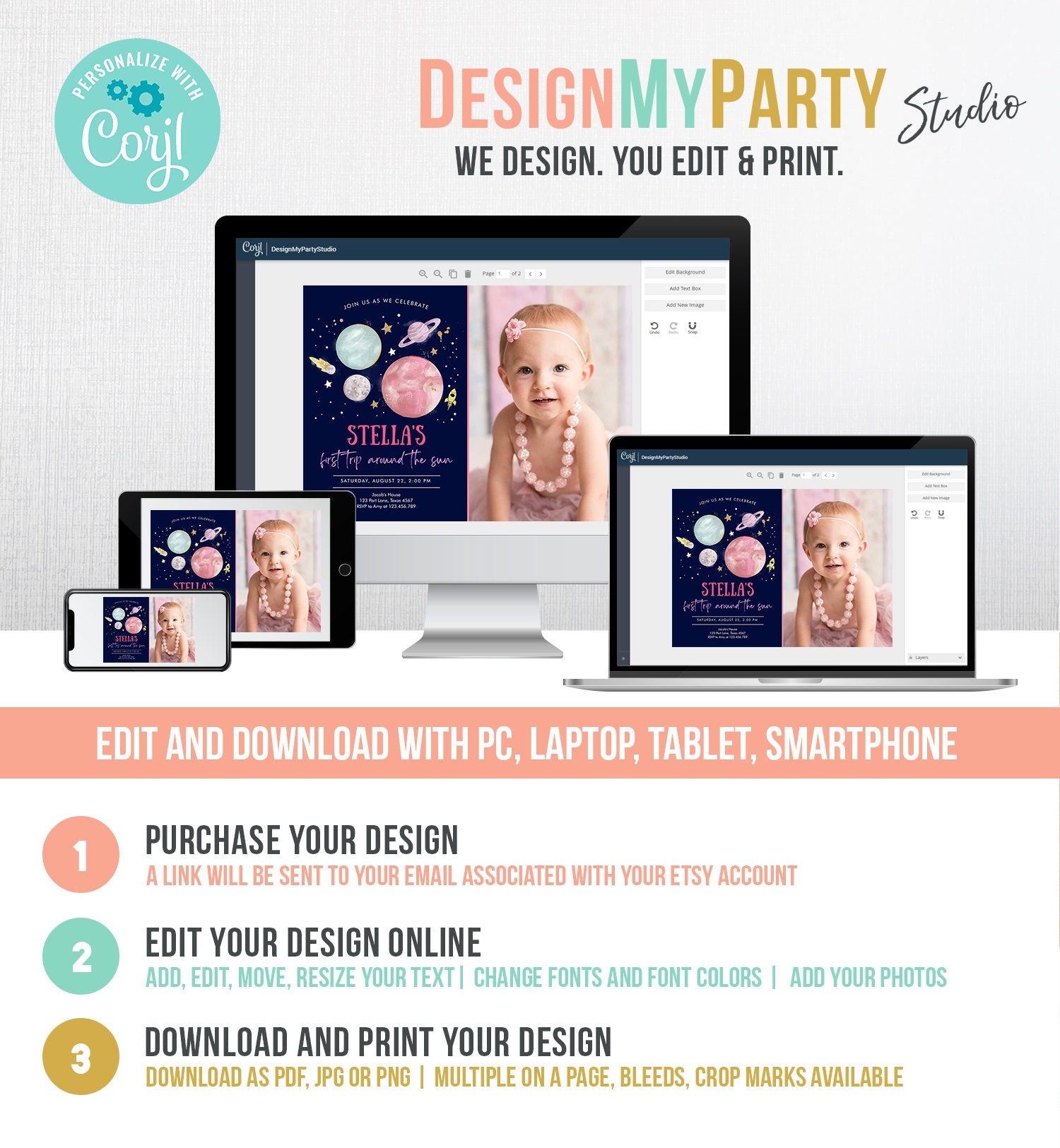 Editable Outer Space Girl First Birthday Invitation Galaxy Blast Off First Trip Around the Sun Pink Download Printable Template Corjl 0357