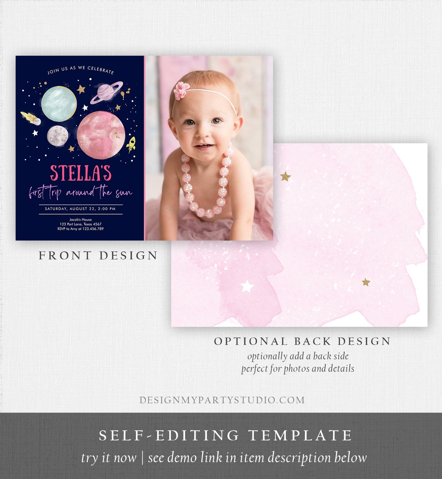 Editable Outer Space Girl First Birthday Invitation Galaxy Blast Off First Trip Around the Sun Pink Download Printable Template Corjl 0357