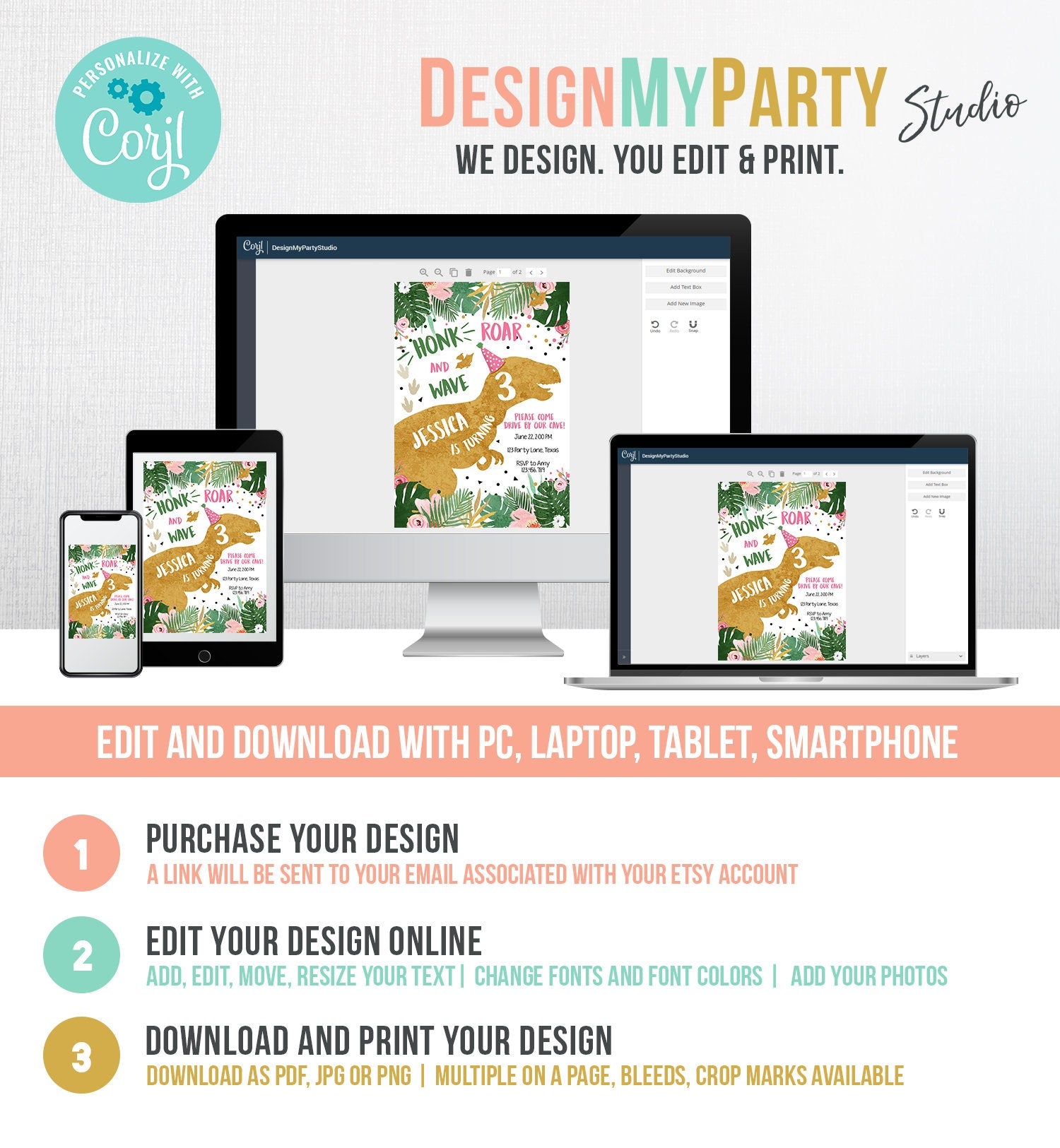 Editable Dinosaur Drive By Birthday Parade Invitation Virtual Party Invite Honk Car Girl Dino T-Rex Quarantine Download Digital Corjl 0146