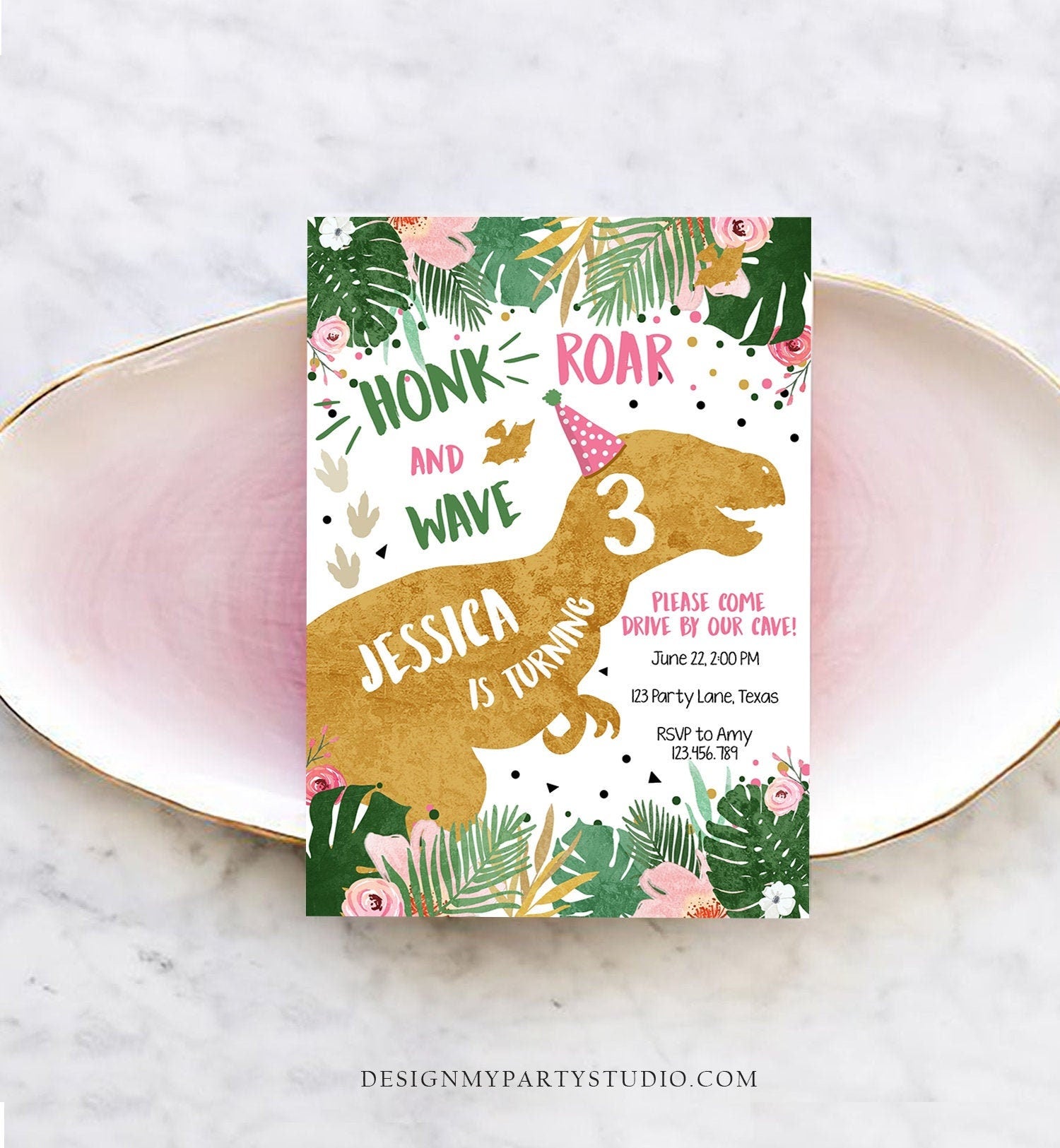 Editable Dinosaur Drive By Birthday Parade Invitation Virtual Party Invite Honk Car Girl Dino T-Rex Quarantine Download Digital Corjl 0146