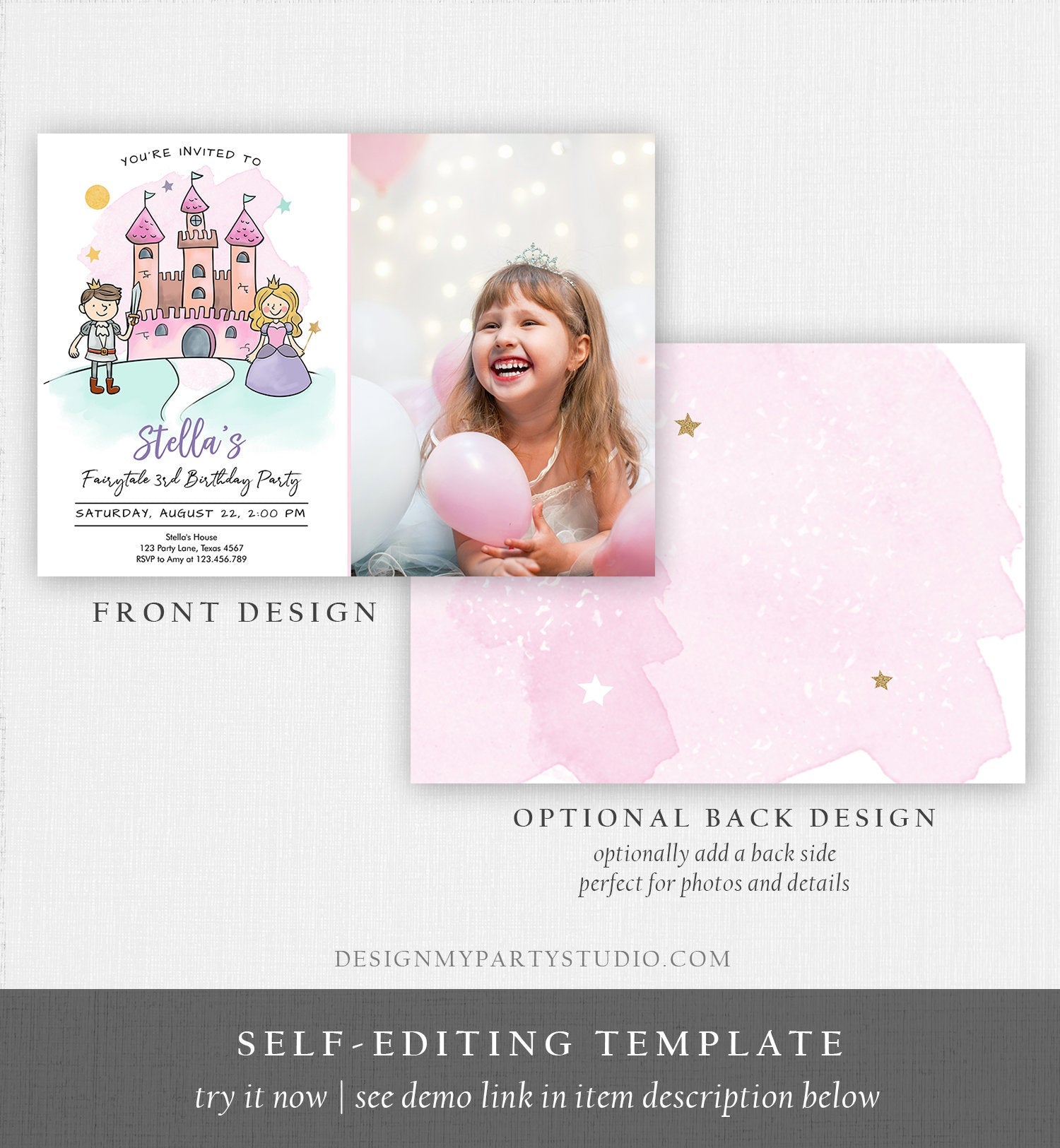 Editable Princess Birthday Invitation Girl Fairytale Birthday Party Knights Prince Castle Download Printable Template Digital Corjl 0385