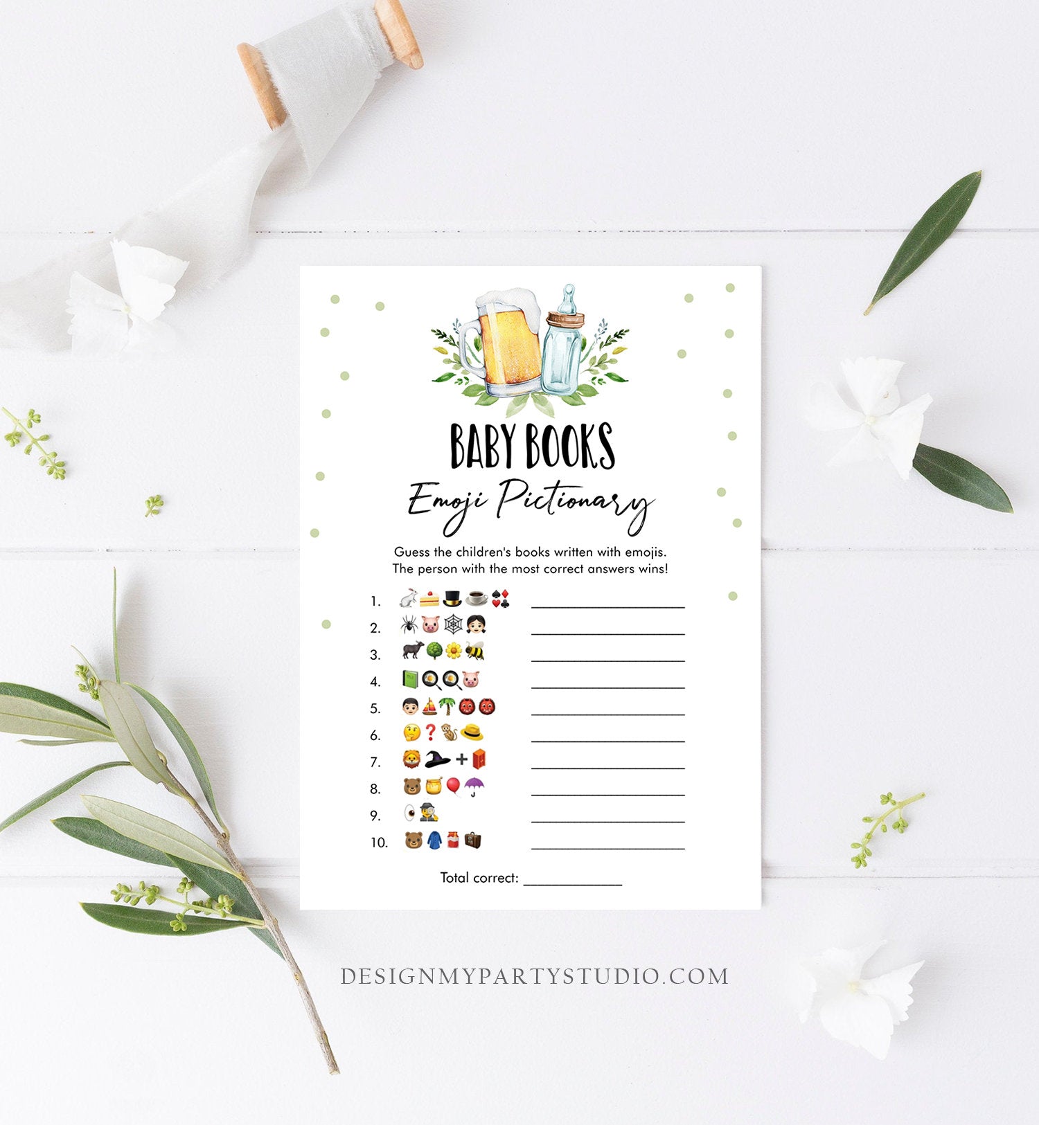 Editable Emoji Pictionary Baby Shower Game Baby Books Greenery Baby is Brewing Shower Activity Beer Bottle Corjl Template Printable 0190