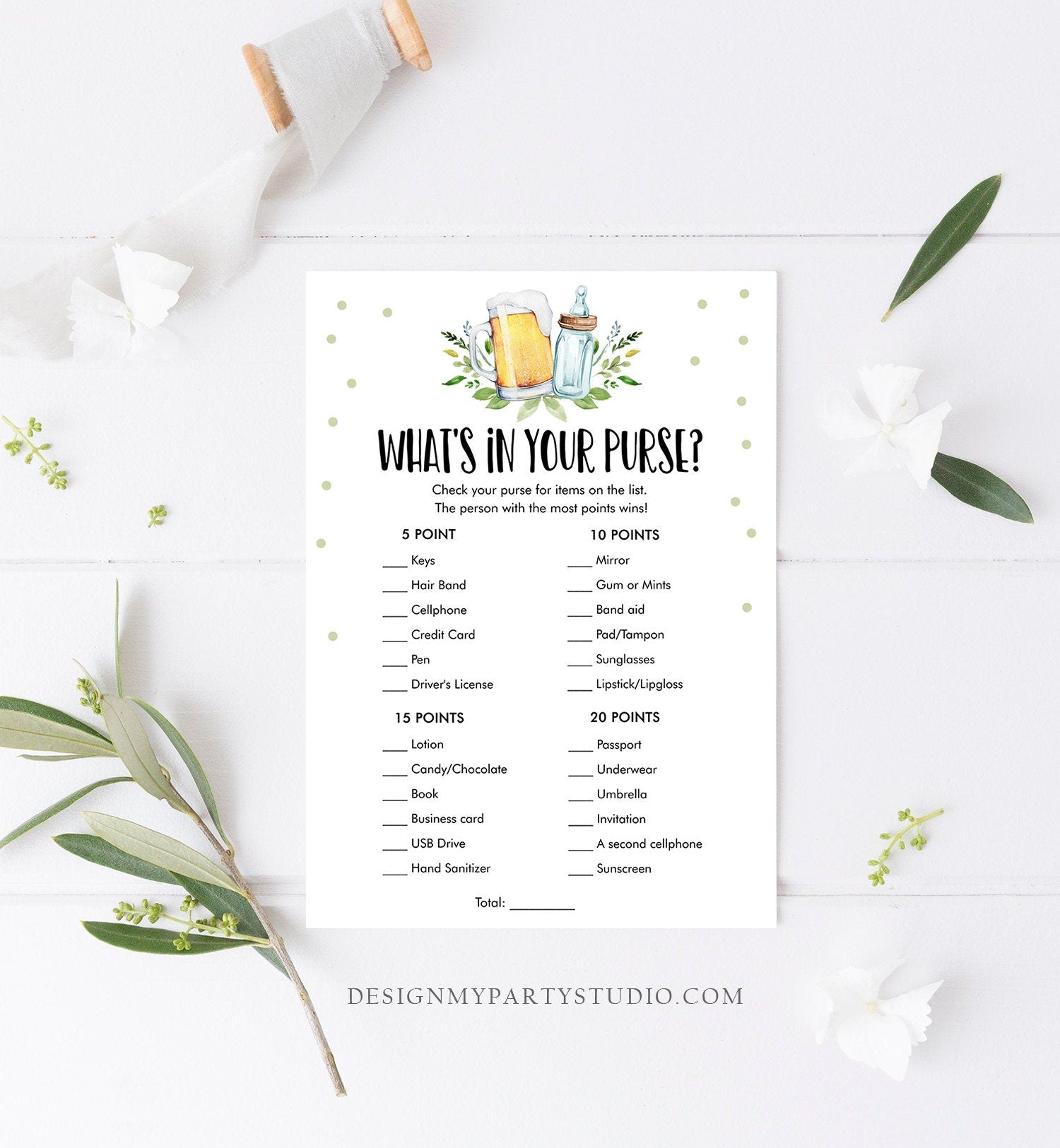 Editable What's in your Purse Baby Shower Game Greenery Baby Brewing Shower Neutral Activity Beer Bottle Corjl Template Printable 0190