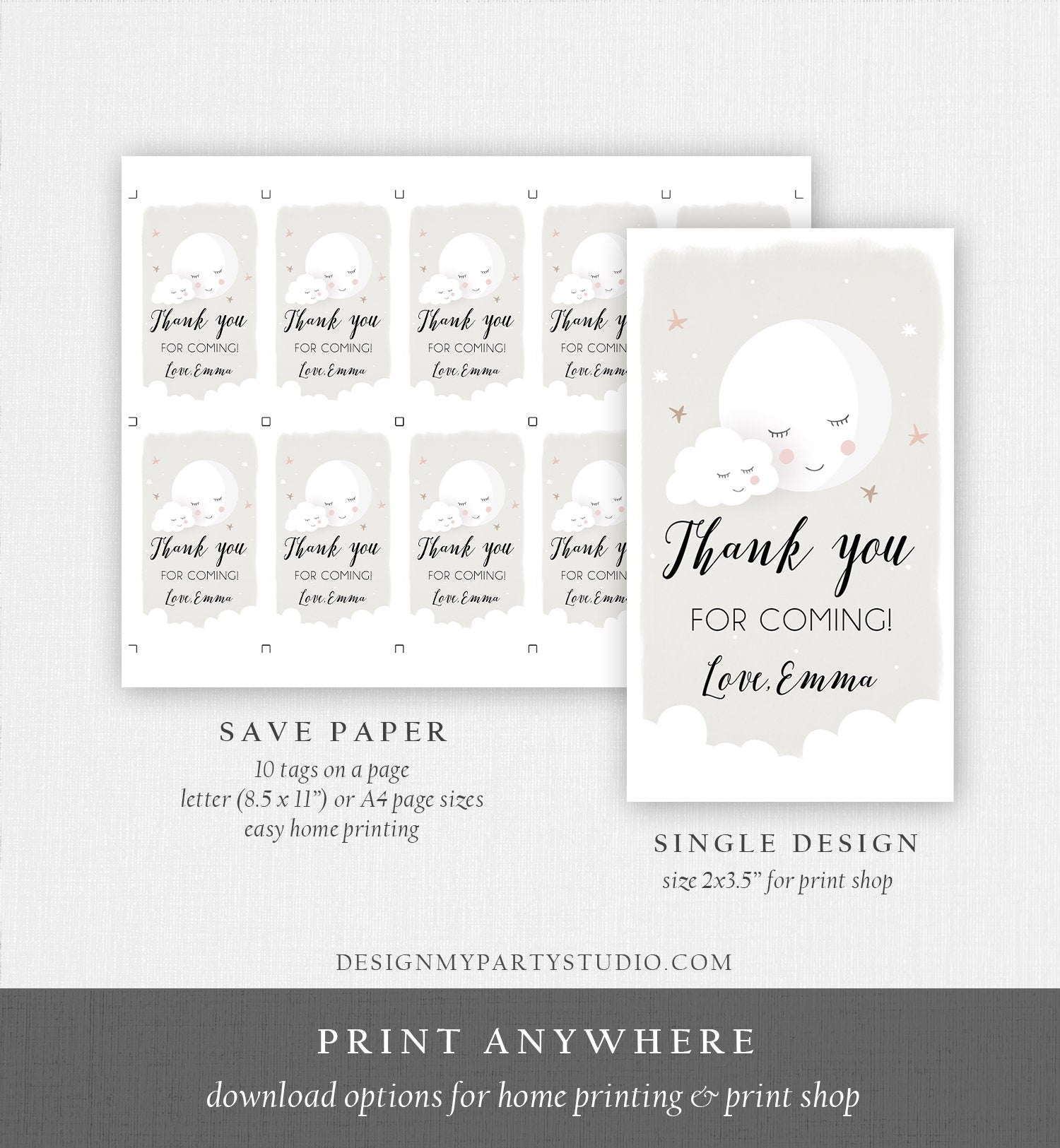 Editable Moon Thank You Favor Tag Baby Shower Gift Love You to the Moon Twinkle Star Gender Neutral Sprinkle Corjl Template Printable 0113