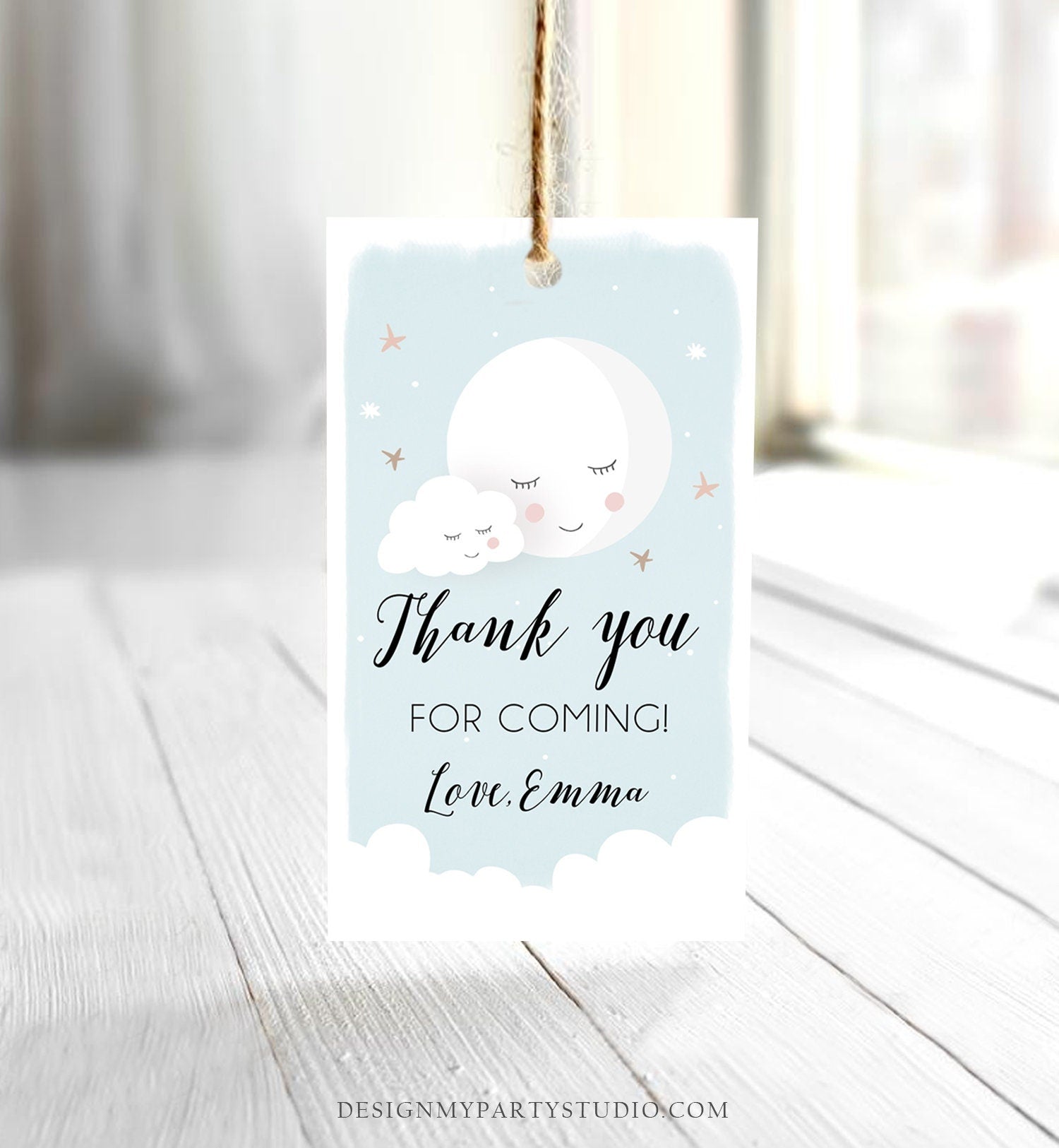 Editable Moon Thank You Favor Tag Baby Shower Gift Love You to the Moon Twinkle Star Baby Boy Blue Sprinkle Corjl Template Printable 0113