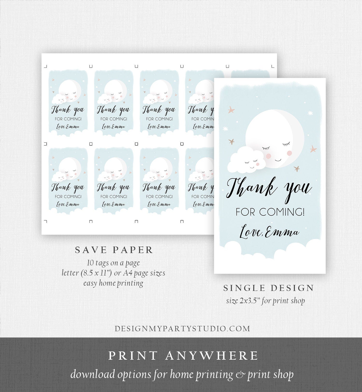 Editable Moon Thank You Favor Tag Baby Shower Gift Love You to the Moon Twinkle Star Baby Boy Blue Sprinkle Corjl Template Printable 0113
