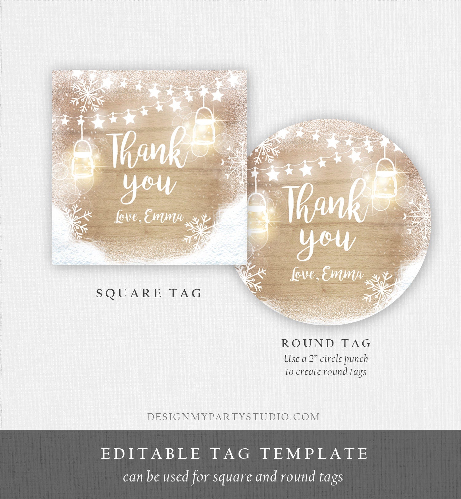 Editable Winter Thank You Favor Tag Baby Shower Birthday Rustic Wood Snowflakes Snow Winter Onederland Digital Corjl Template Printable 0031