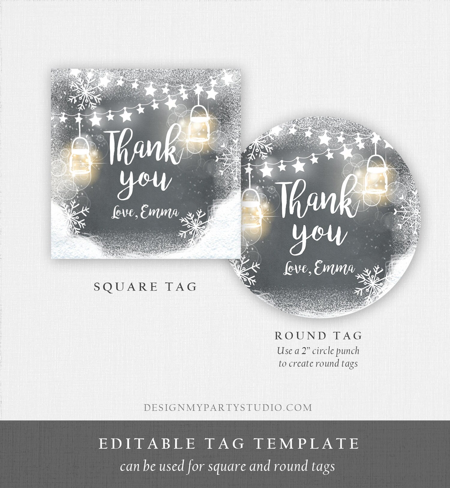 Editable Winter Thank You Favor Tag Baby Shower Birthday Rustic Wood Snowflakes Snow Winter Onederland Digital Corjl Template Printable 0031