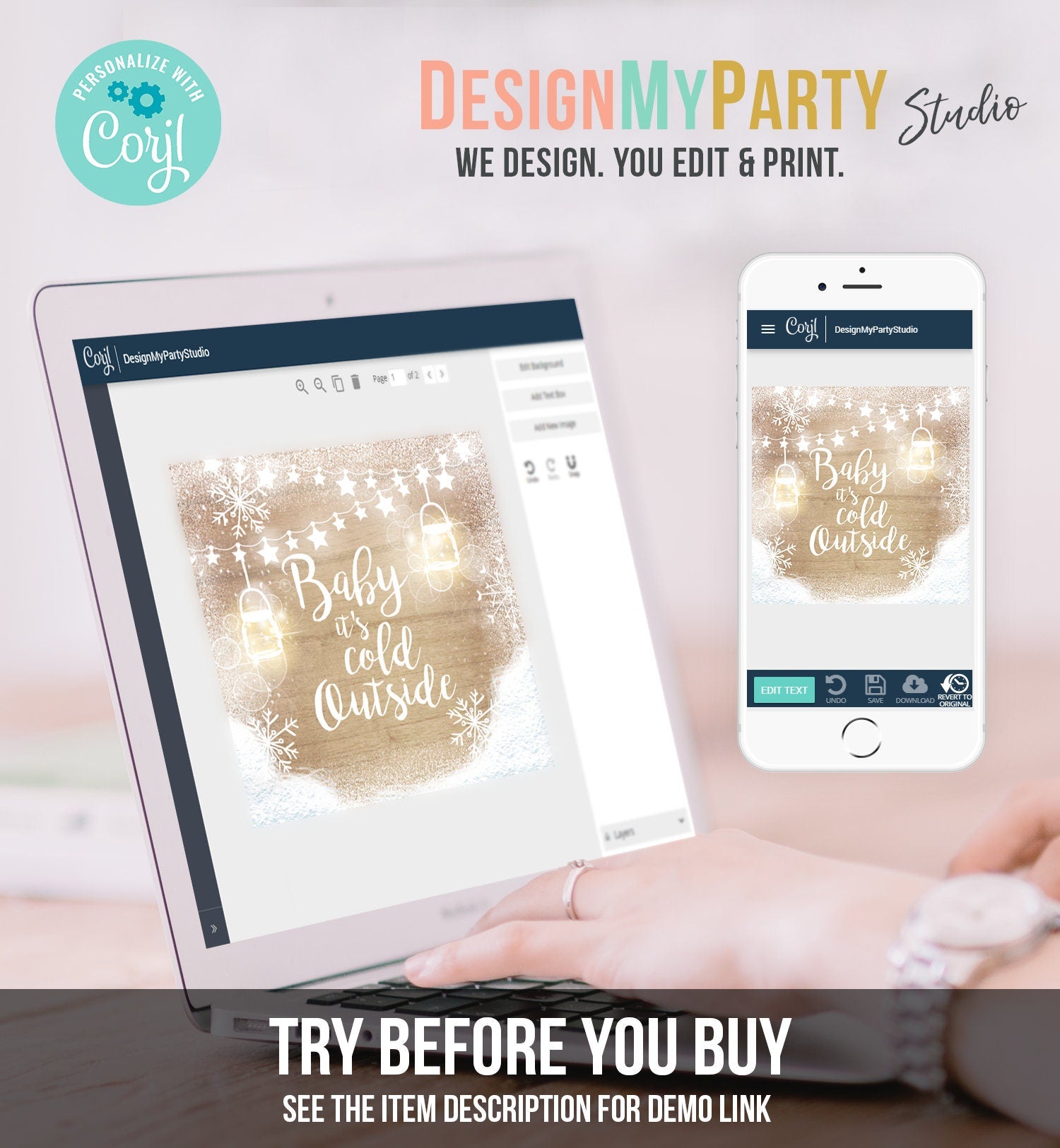 Editable Baby It's Cold Outside Thank You Favor Tag Baby Shower Rustic Wood Snowflakes Snow Winter Digital Corjl Template Printable 0031
