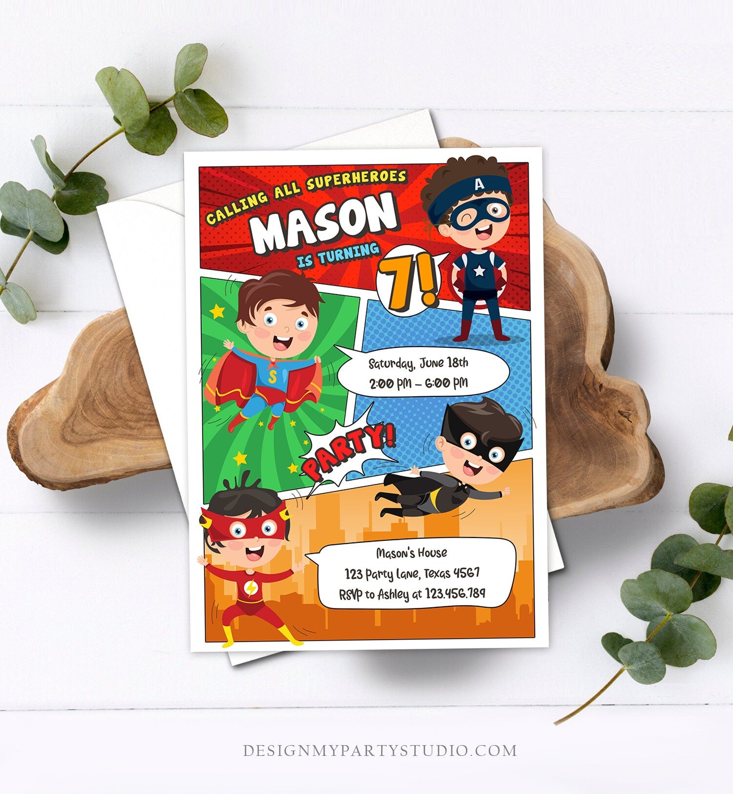 Editable Superheroes Birthday Invitation Comic Book Action Superhero Super Boy Party DC Digital Download Corjl Template Printable 0383