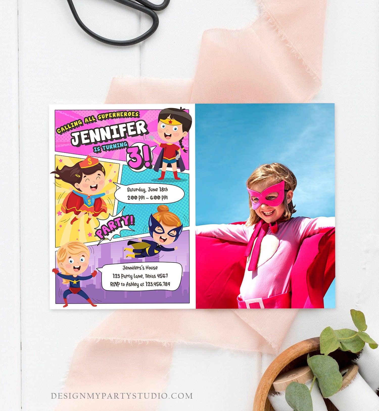 Editable Superheroes Birthday Invitation Comic Book Action Superhero Super Girl Party DC Digital Download Corjl Template Printable 0383