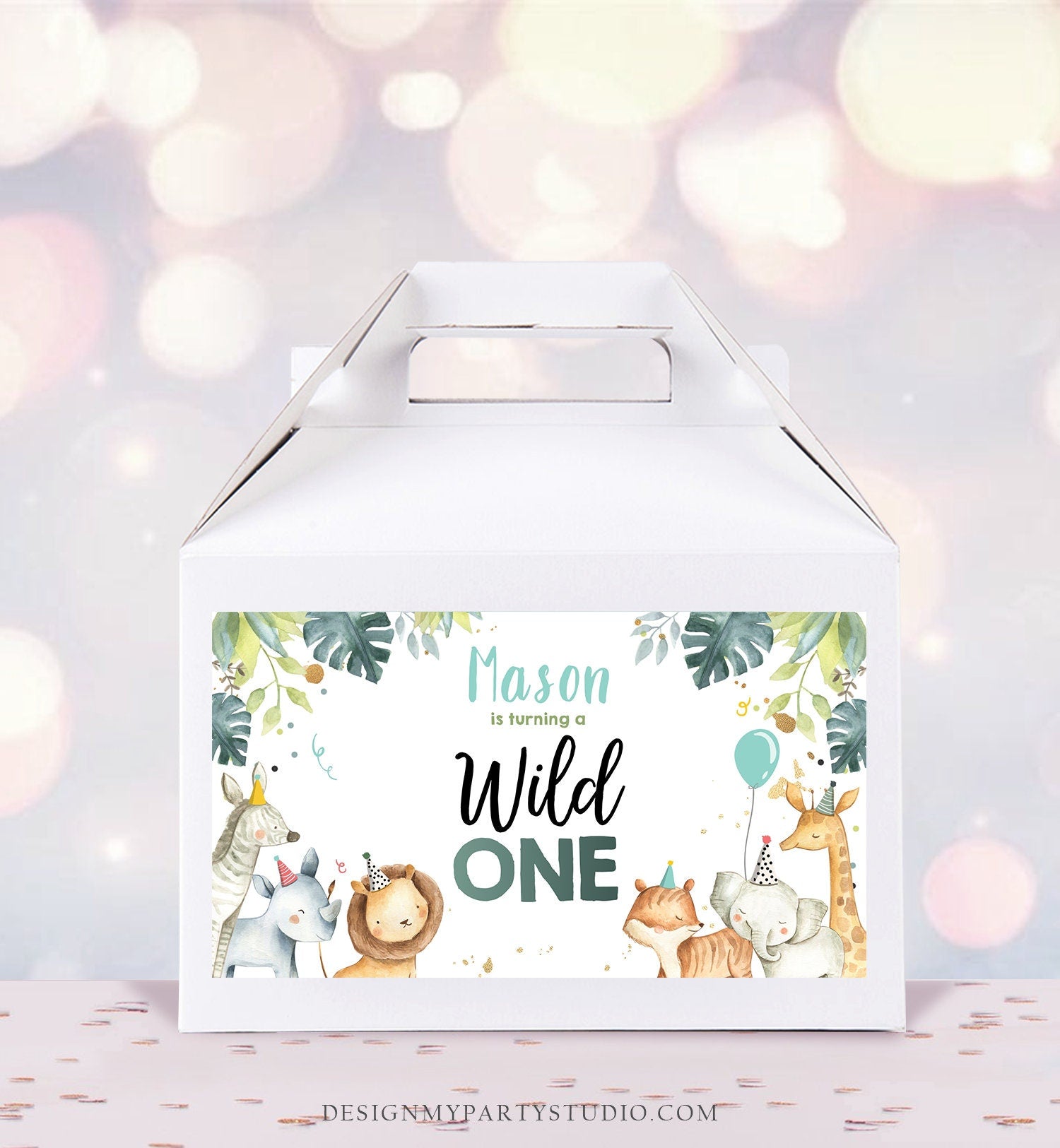Editable Wild One Safari Animals Birthday Gable Gift Box Labels Watercolor Party Animals Boy Gold First Birthday 1st Digital Corjl 0163