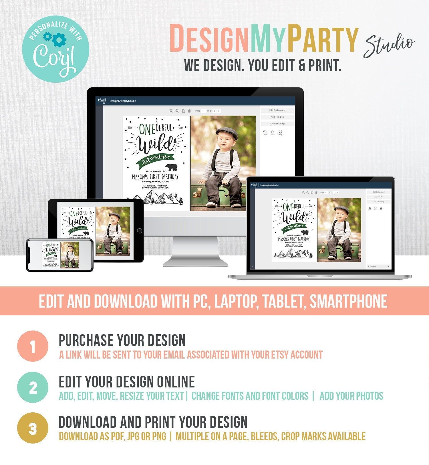 Editable A Onederful Wild Adventure First Birthday Invitation Photo Wild Things Boy Mountains Bear Outdoor Hunter Green Corjl Template 0083