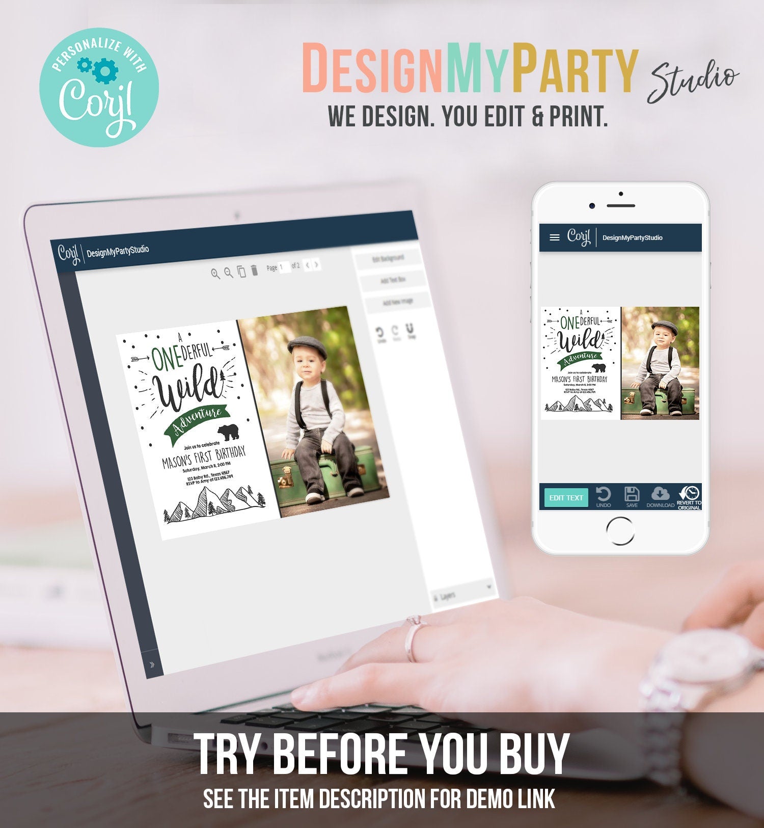 Editable A Onederful Wild Adventure First Birthday Invitation Photo Wild Things Boy Mountains Bear Outdoor Hunter Green Corjl Template 0083