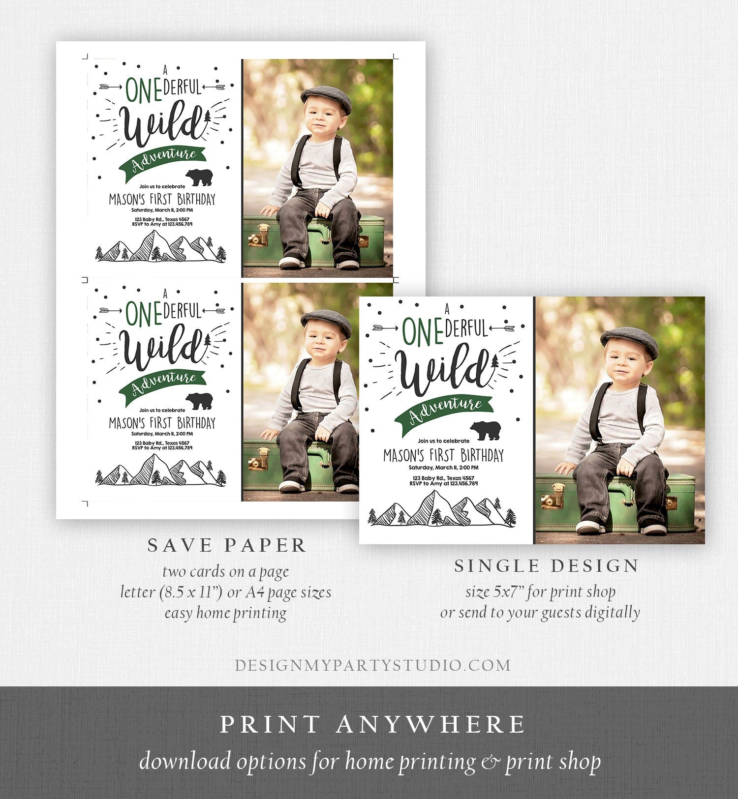 Editable A Onederful Wild Adventure First Birthday Invitation Photo Wild Things Boy Mountains Bear Outdoor Hunter Green Corjl Template 0083