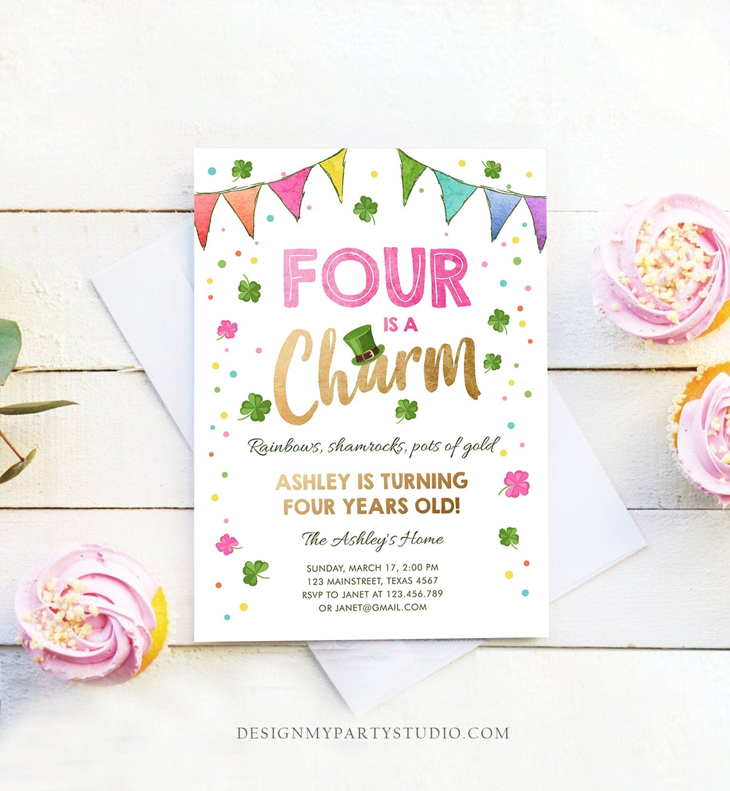 Editable St. Patrick's Day Birthday Invitation Shamrock Clover St Patricks Day Fourth Birthday 4th Girl Printable Invite Template Corjl 0115