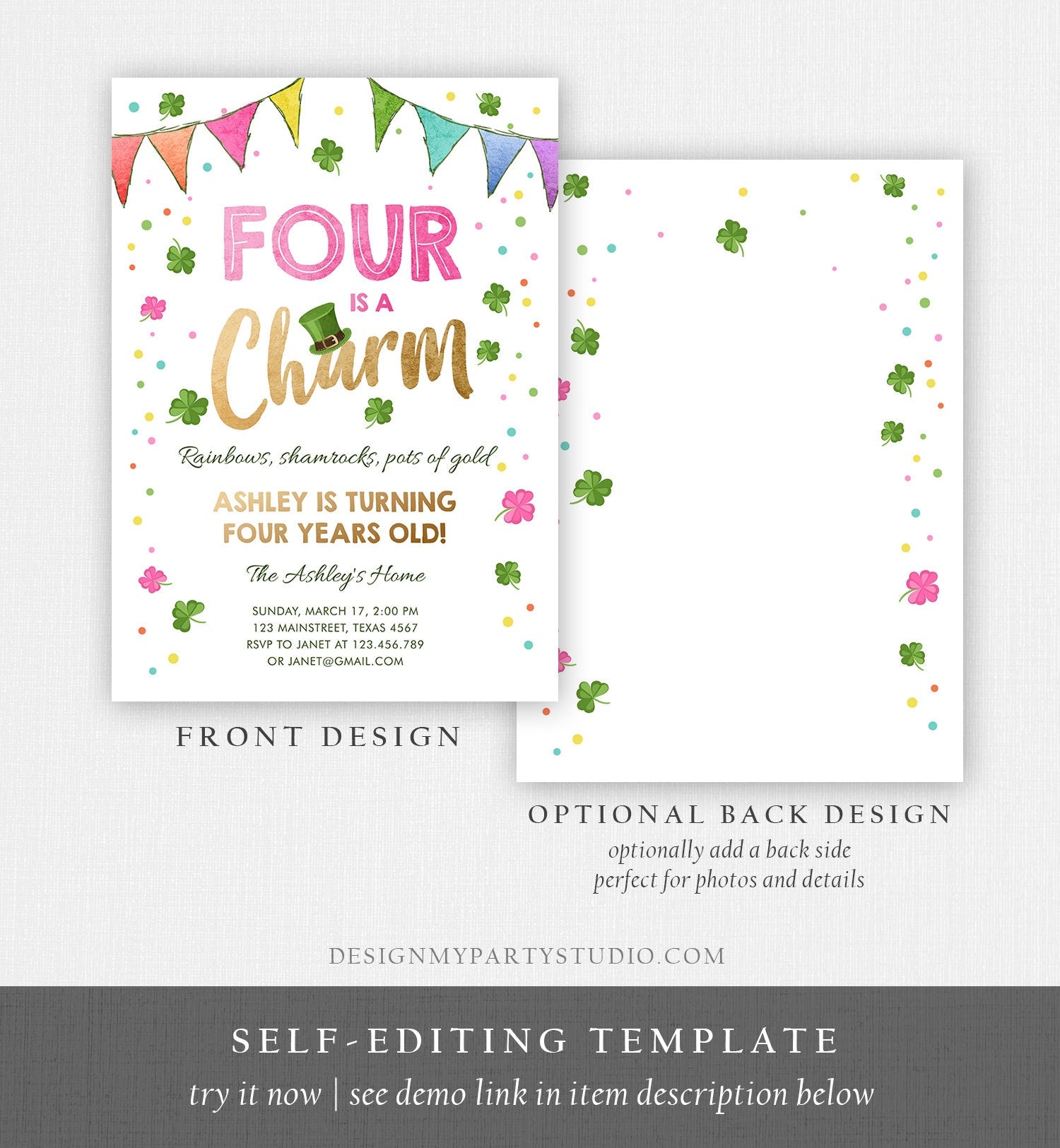 Editable St. Patrick's Day Birthday Invitation Shamrock Clover St Patricks Day Fourth Birthday 4th Girl Printable Invite Template Corjl 0115