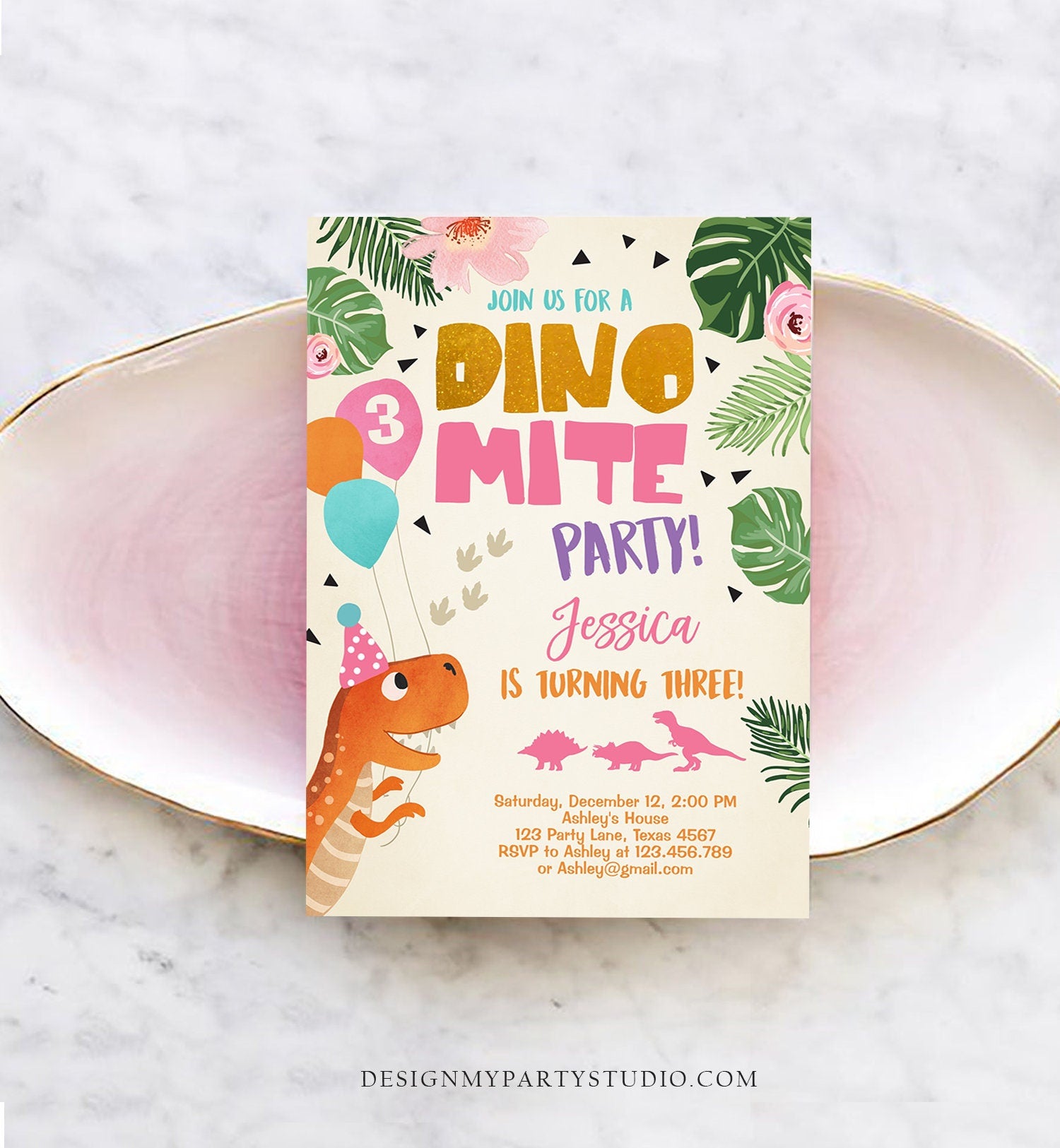 Editable Gold Dinosaur Birthday Invitation ANY AGE Dino Party T-Rex Prehistoric Rawr Girl Pink Gold Download Printable Corjl Template 0074