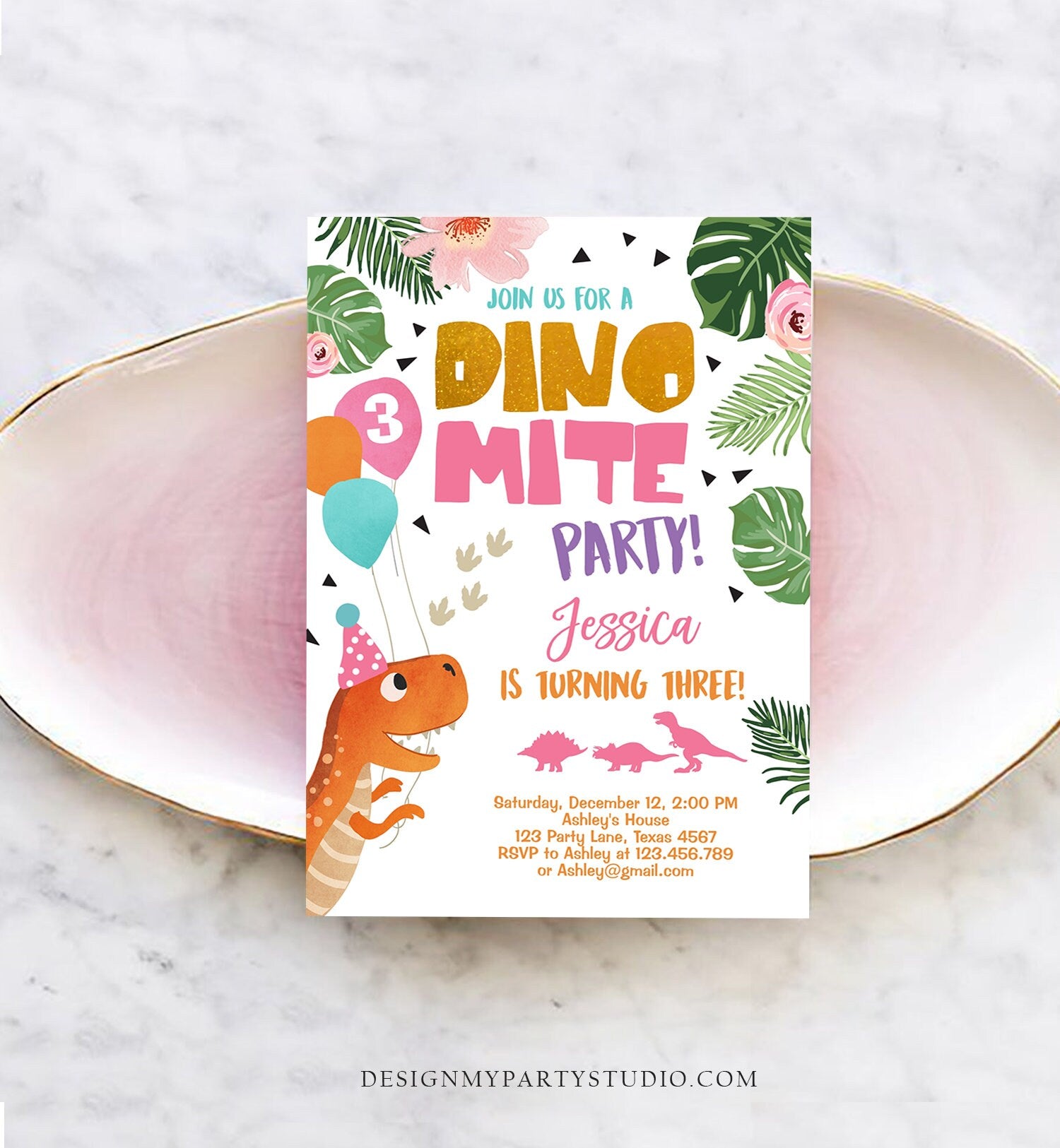Editable Gold Dinosaur Birthday Invitation ANY AGE Dino Party T-Rex Prehistoric Rawr Girl Pink Gold Download Printable Corjl Template 0074