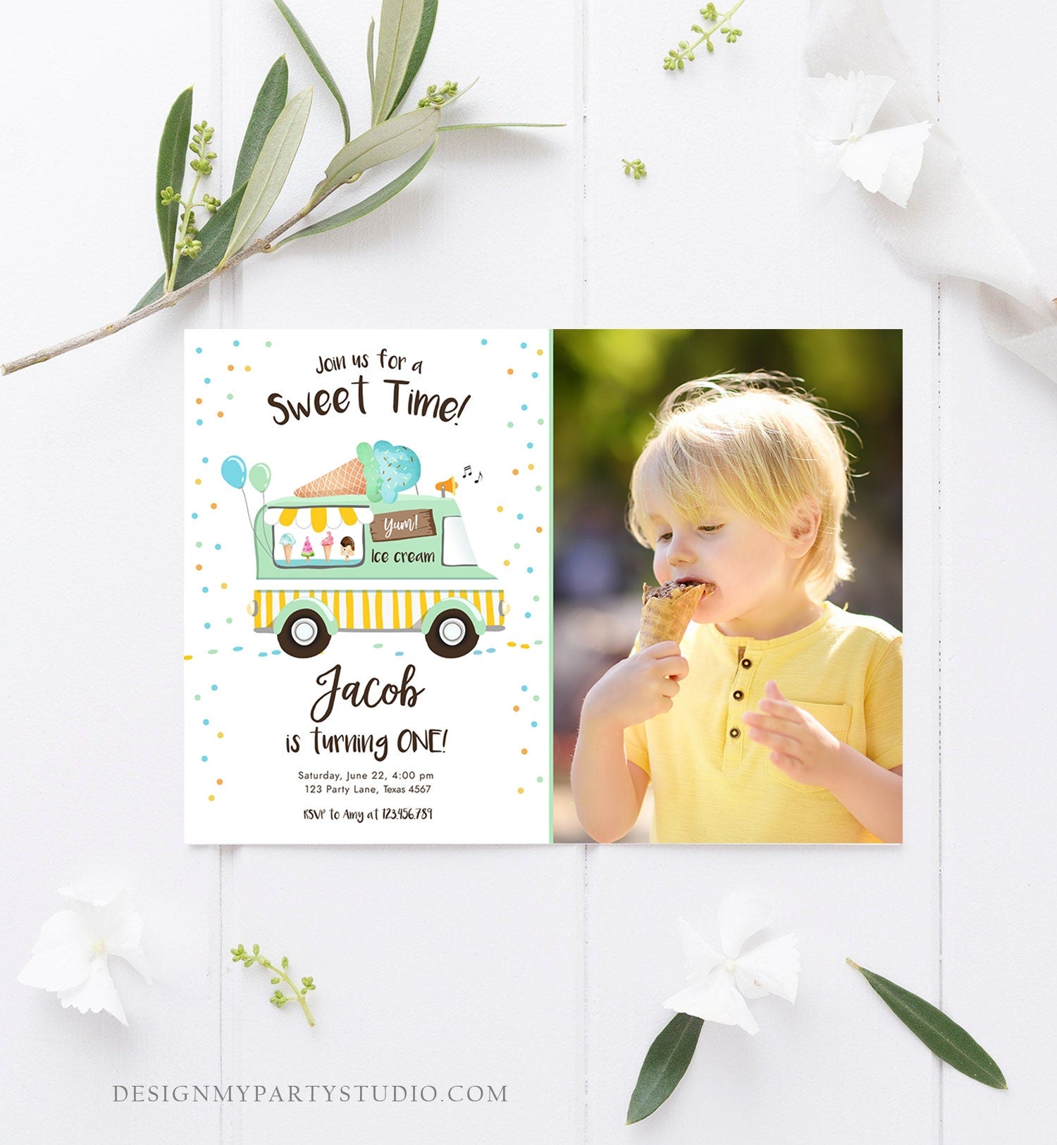 Editable Ice Cream Truck Birthday Invitation Ice Cream Birthday Party Cone Boy Girl Mint Yellow Summer Twin Corjl Template Printable 0243