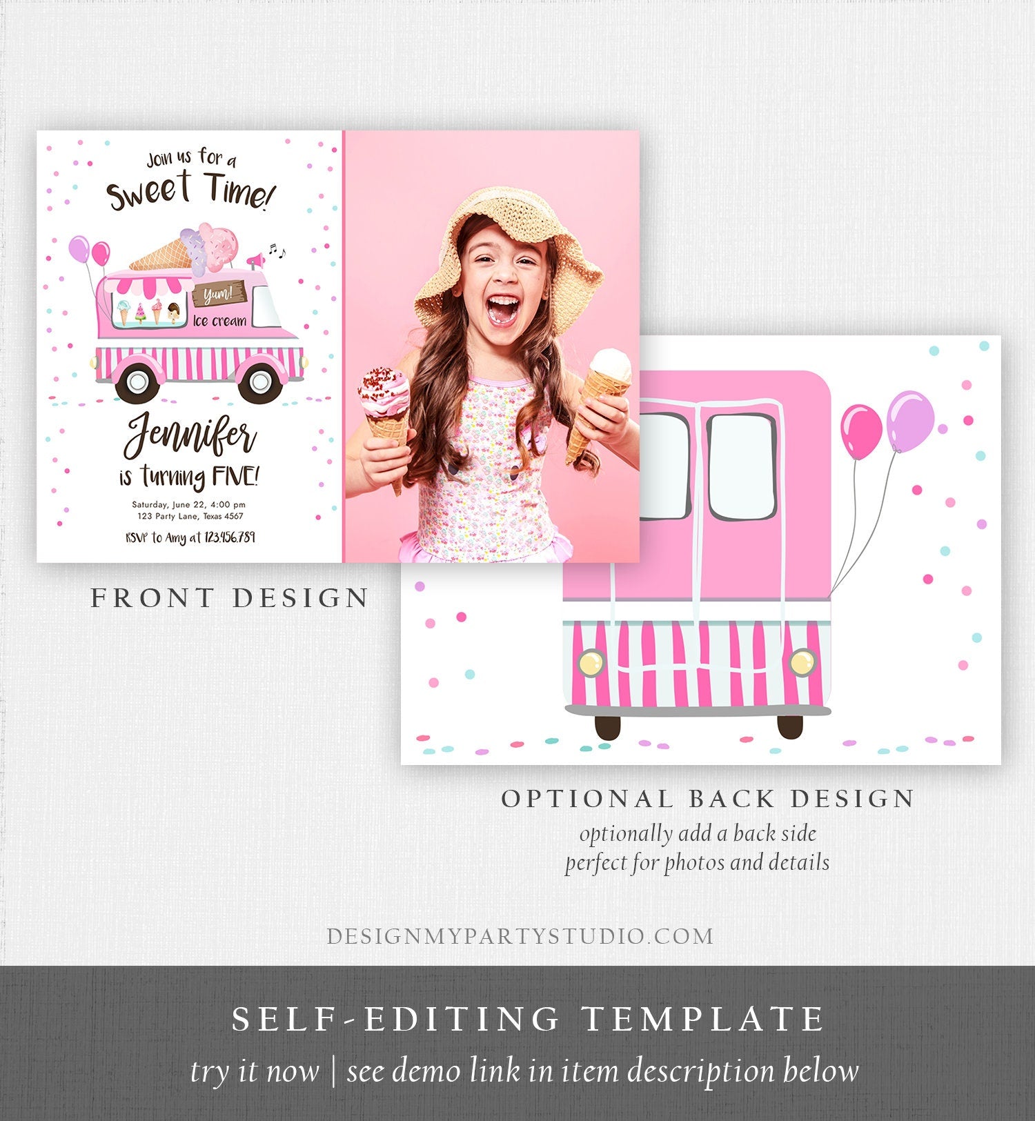 Editable Ice Cream Truck Birthday Invitation Ice Cream Birthday Party Cone Girl Pink Truck Sweet Summer Twin Corjl Template Printable 0243