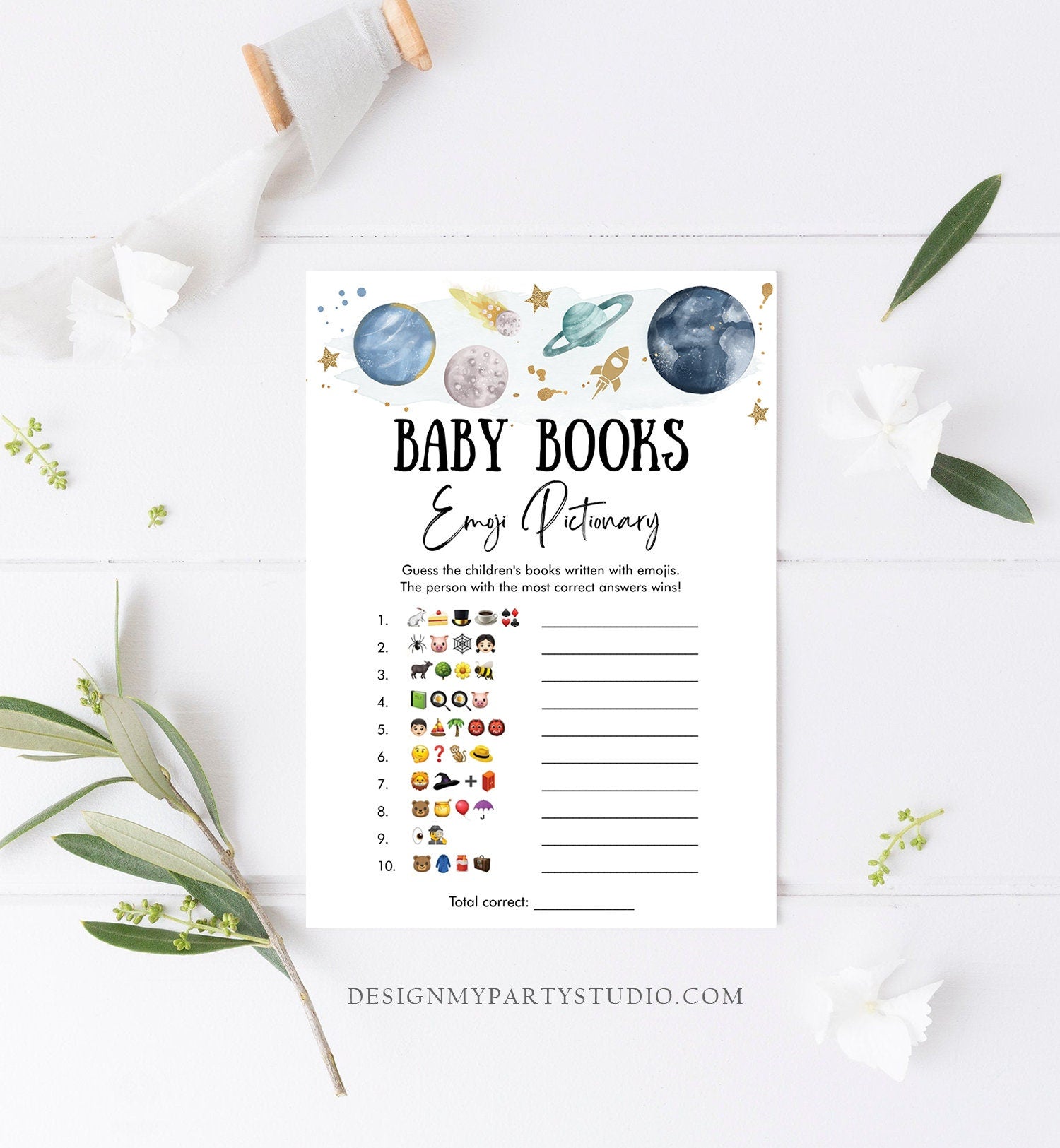 Editable Emoji Pictionary Baby Shower Game Outer Space Planets Houston We Have Boy Rocket Neutral Activity Corjl Template Printable 0357