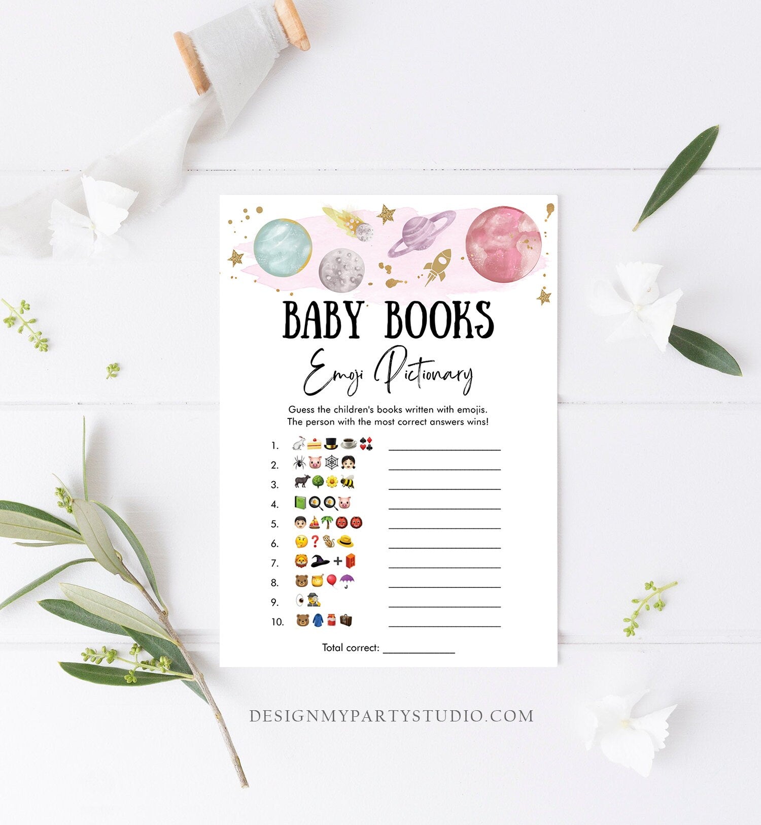 Editable Emoji Pictionary Baby Shower Game Outer Space Planets Houston Have Girl Rocket Gold Neutral Activity Corjl Template Printable 0357