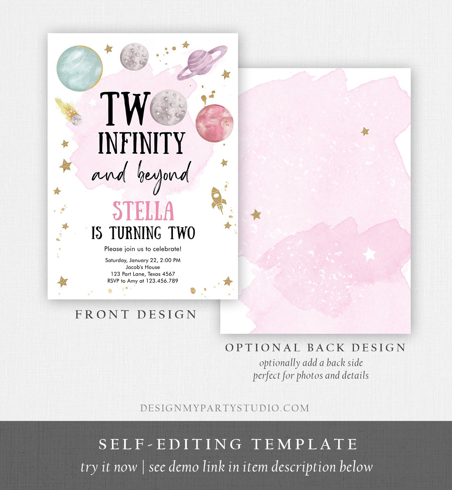 Editable Outer Space Birthday Invitation Two Infinity and Beyond Birthday Astronaut Planets Download Printable Template Digital Corjl 0357