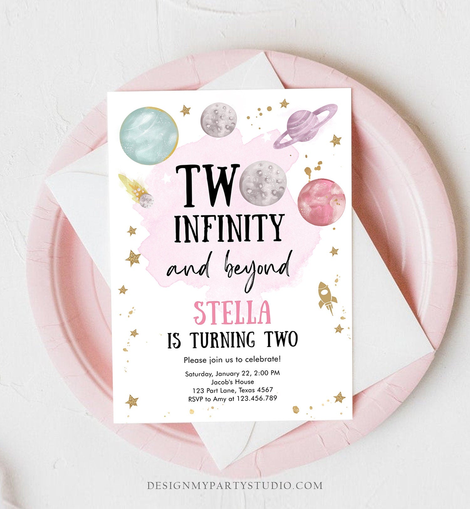 Editable Outer Space Birthday Invitation Two Infinity and Beyond Birthday Astronaut Planets Download Printable Template Digital Corjl 0357