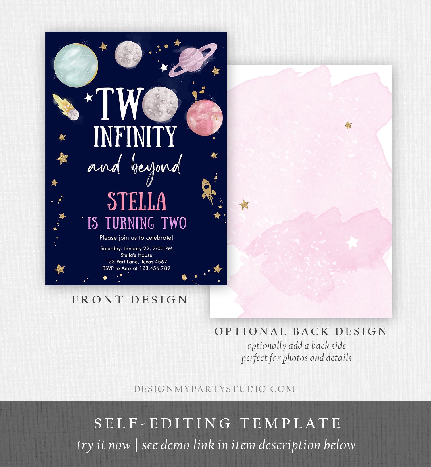 Editable Outer Space Birthday Invitation Two Infinity and Beyond Birthday Astronaut Planets Download Printable Template Digital Corjl 0357