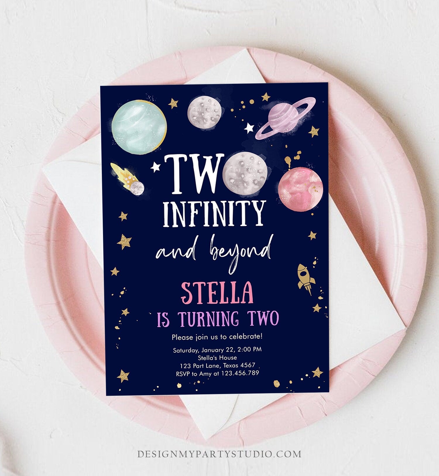 Editable Outer Space Birthday Invitation Two Infinity and Beyond Birthday Astronaut Planets Download Printable Template Digital Corjl 0357