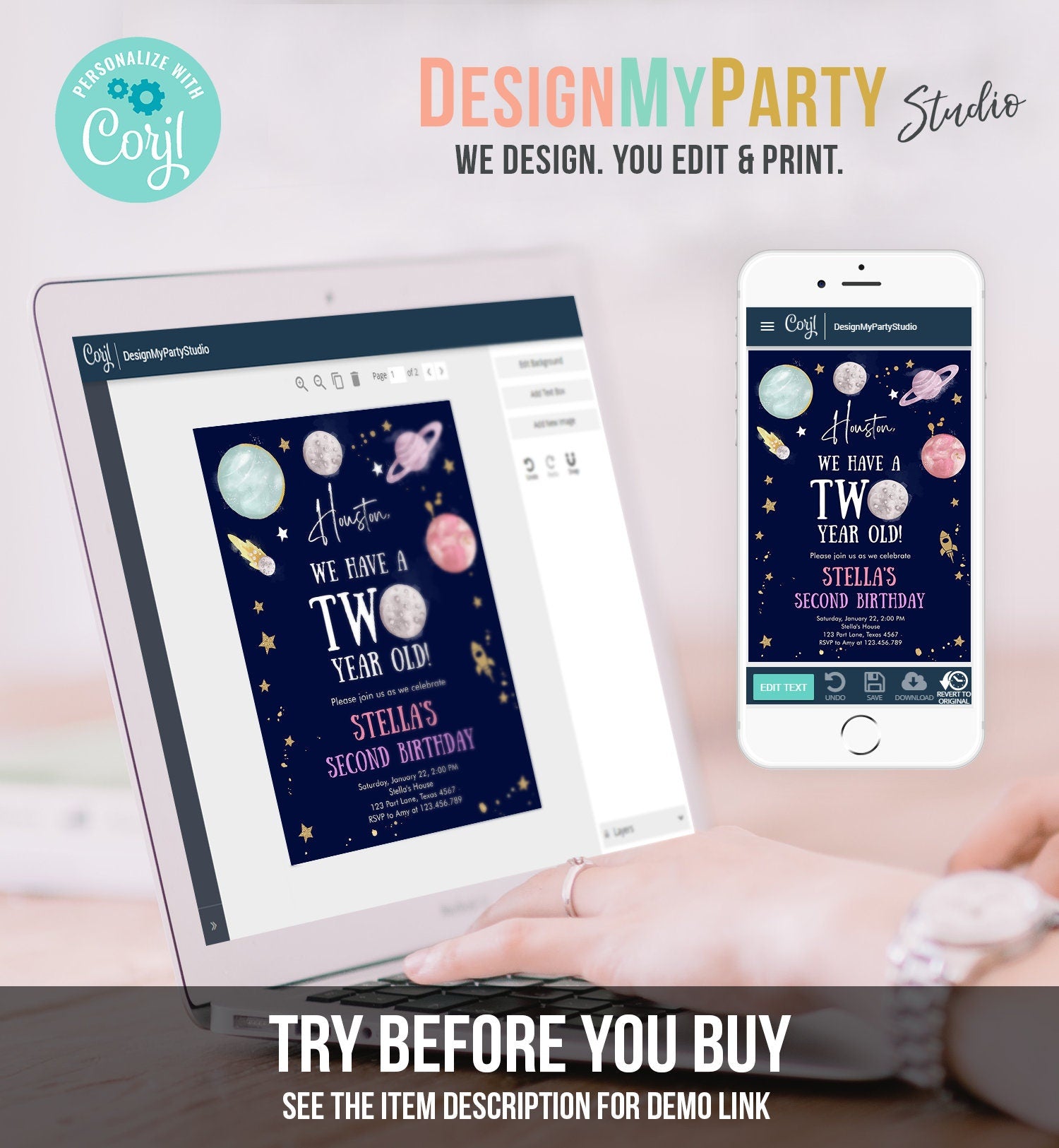 Editable Outer Space Second Birthday Invitation Galaxy Houston Two Year Old 2nd Birthday Girl Download Printable Template Digital Corjl 0357