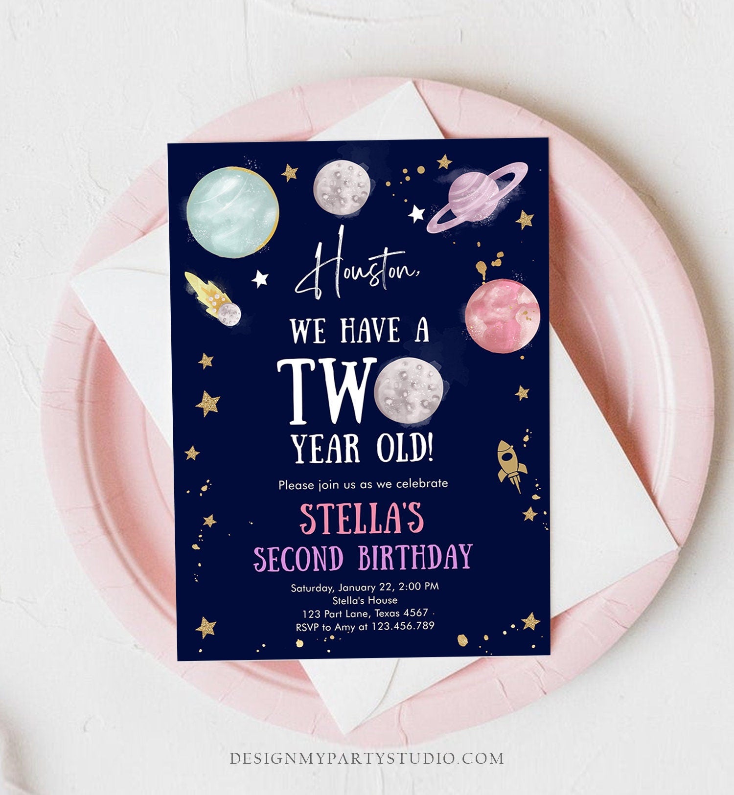 Editable Outer Space Second Birthday Invitation Galaxy Houston Two Year Old 2nd Birthday Girl Download Printable Template Digital Corjl 0357
