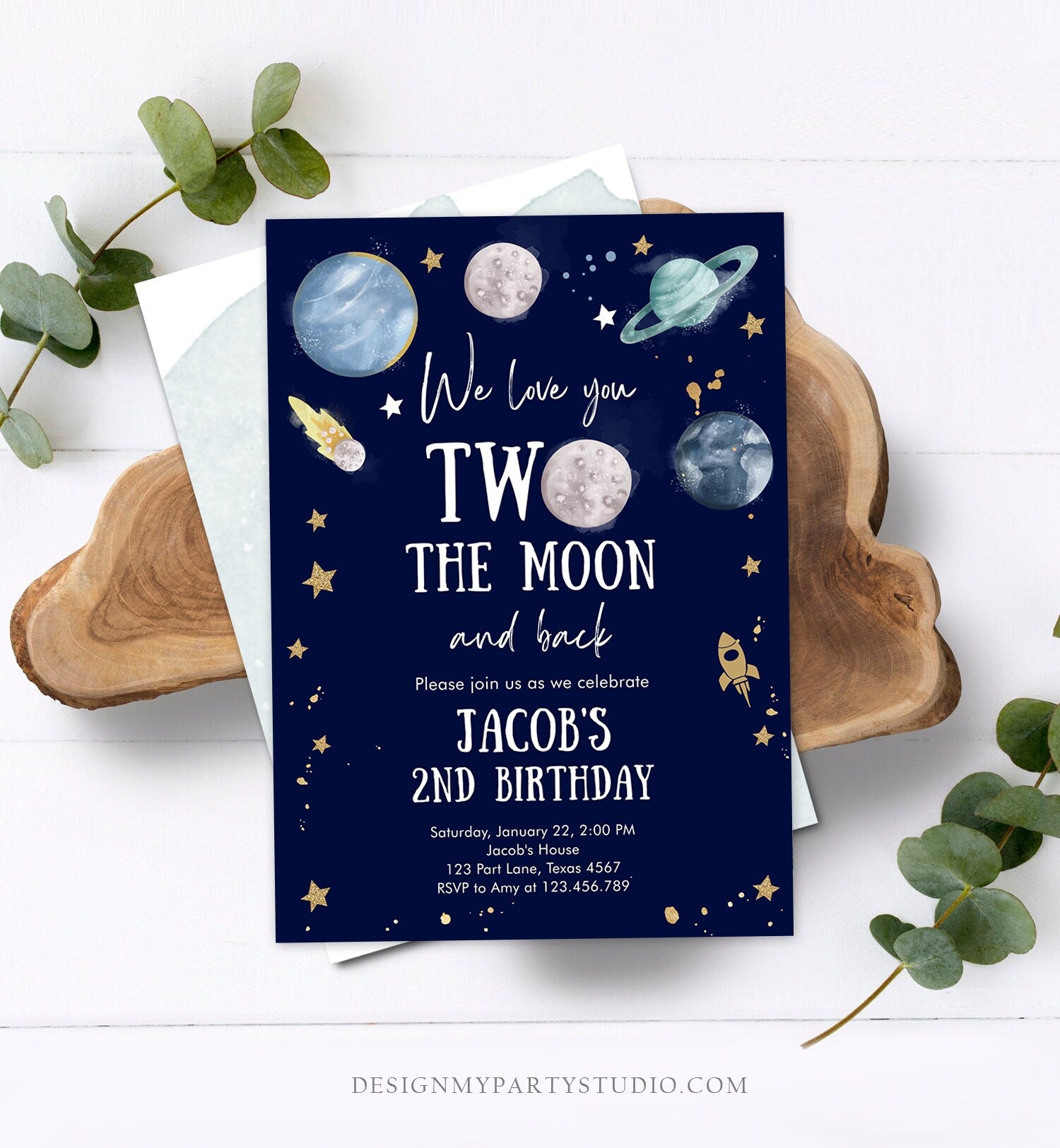 Editable Two the Moon Second Birthday Invitation Space Astronaut Love You to the Moon Galaxy 2nd Boy Printable Template Digital Corjl 0357