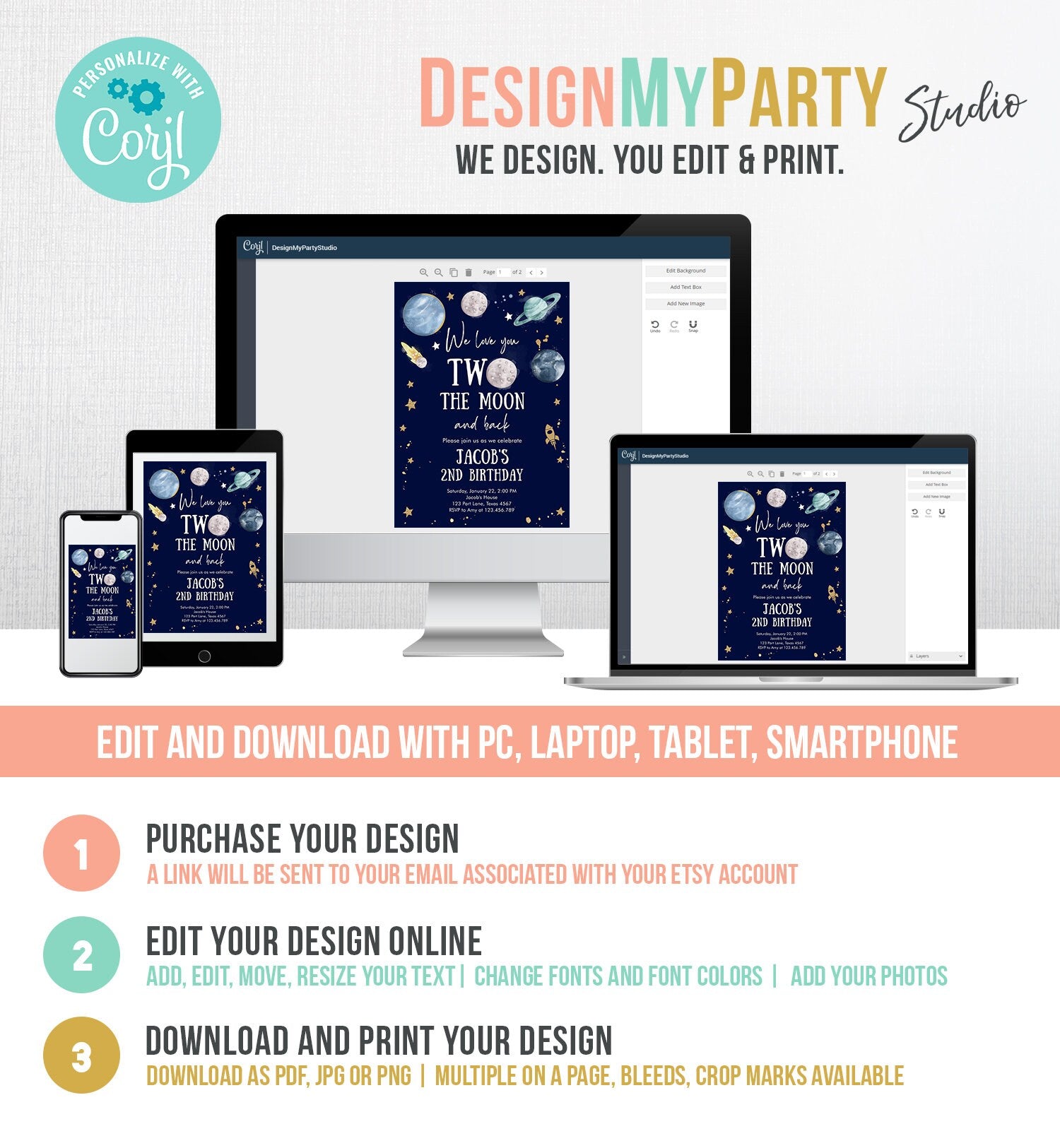 Editable Two the Moon Second Birthday Invitation Space Astronaut Love You to the Moon Galaxy 2nd Boy Printable Template Digital Corjl 0357