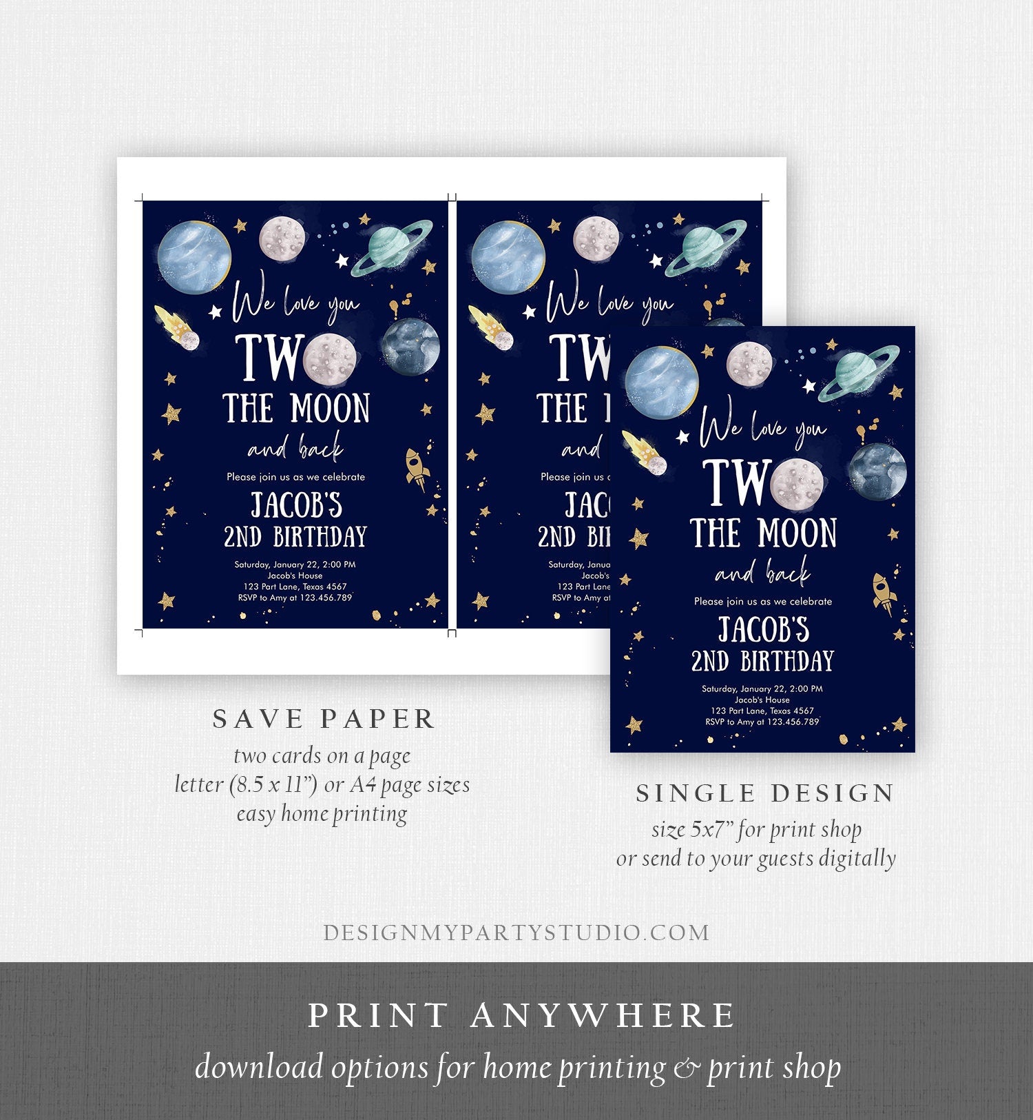 Editable Two the Moon Second Birthday Invitation Space Astronaut Love You to the Moon Galaxy 2nd Boy Printable Template Digital Corjl 0357