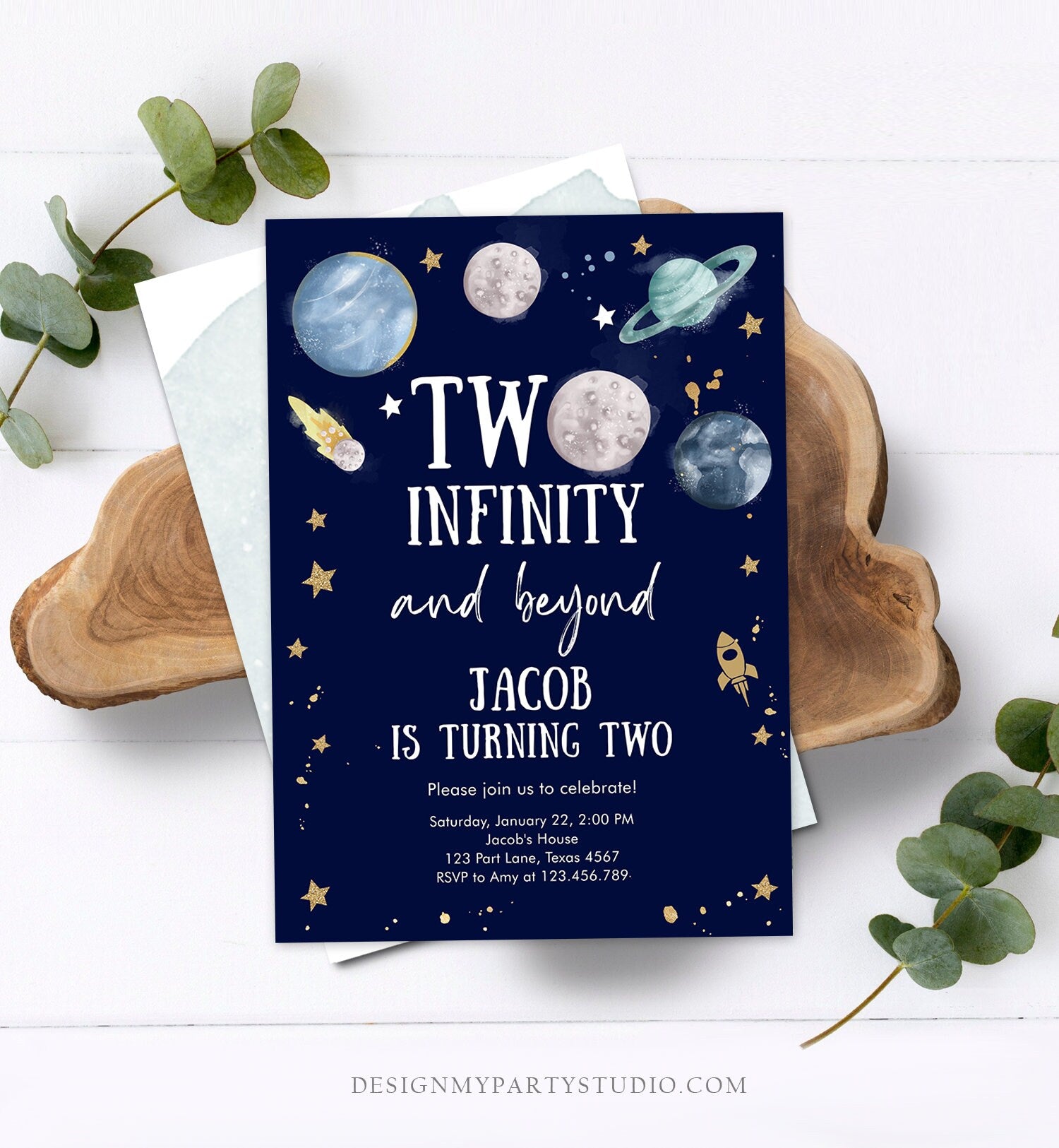Editable Outer Space Birthday Invitation Two Infinity and Beyond Birthday Astronaut Planets Download Printable Template Digital Corjl 0357