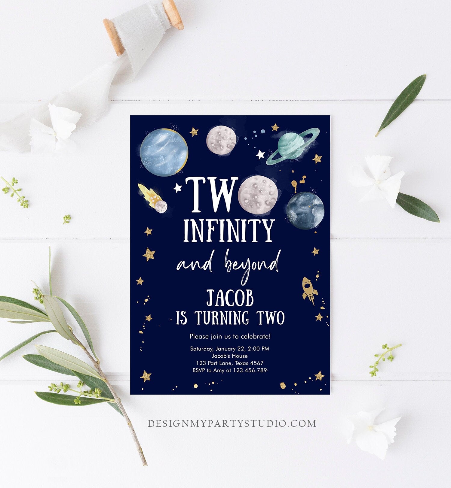 Editable Outer Space Birthday Invitation Two Infinity and Beyond Birthday Astronaut Planets Download Printable Template Digital Corjl 0357