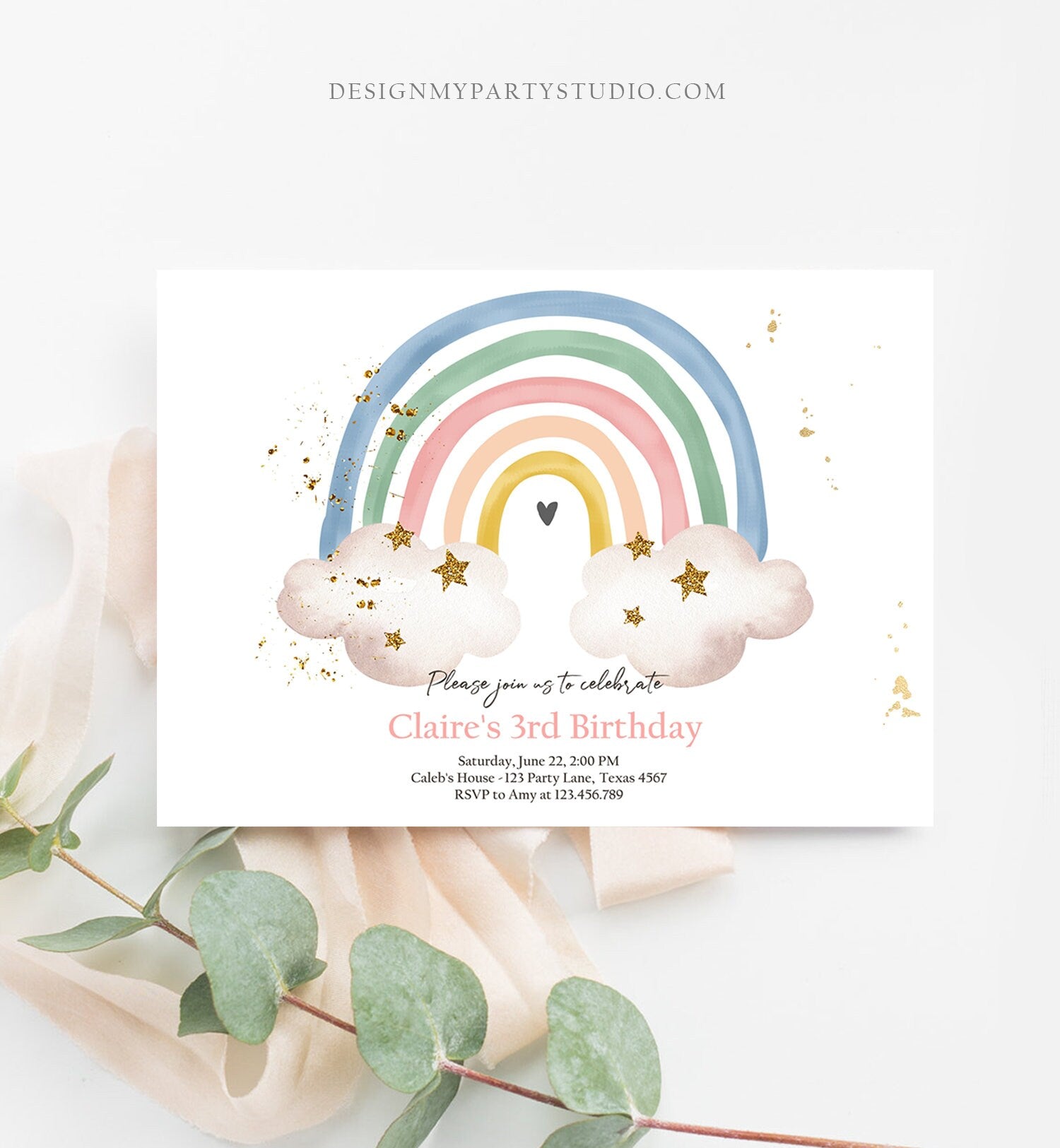 Editable Rainbow Birthday Invitation Boho Rainbow Invite Pastel 1st Birthday Girls Birthday Party Printable Download Corjl Template 0387