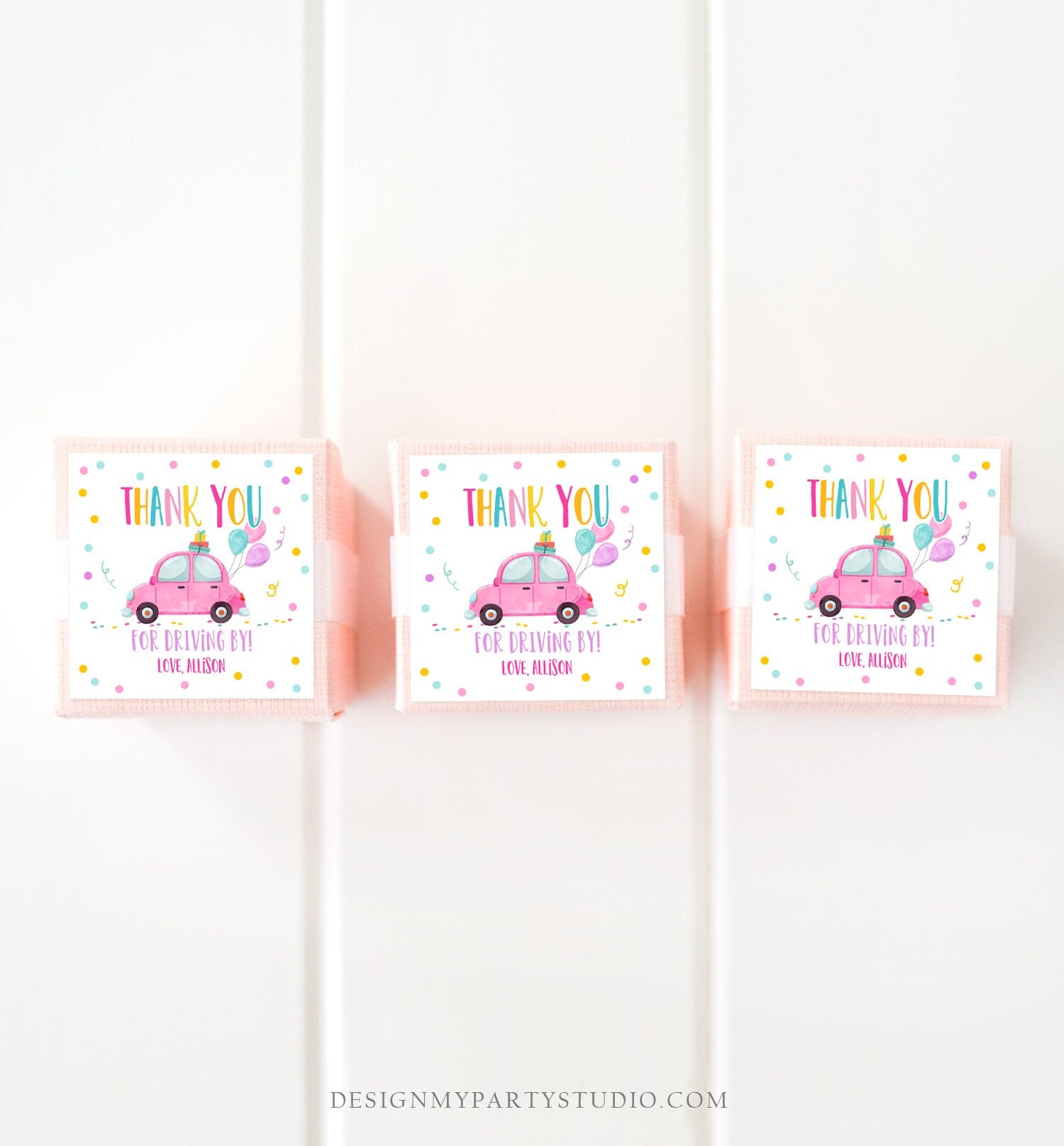 Editable Drive By Favor Tag Drive By Birthday Parade Thank You Gift Tags Quarantine Pink Car Girl Round Square Sticker Corjl Template 0333