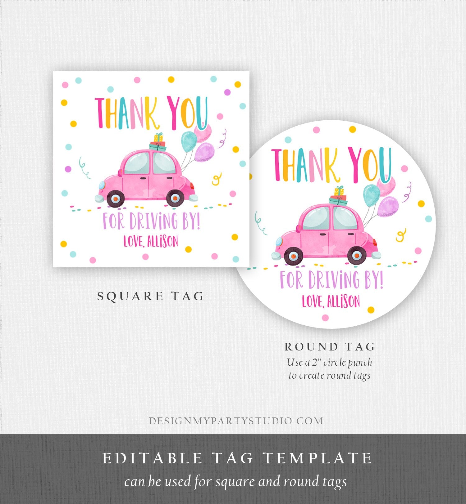Editable Drive By Favor Tag Drive By Birthday Parade Thank You Gift Tags Quarantine Pink Car Girl Round Square Sticker Corjl Template 0333