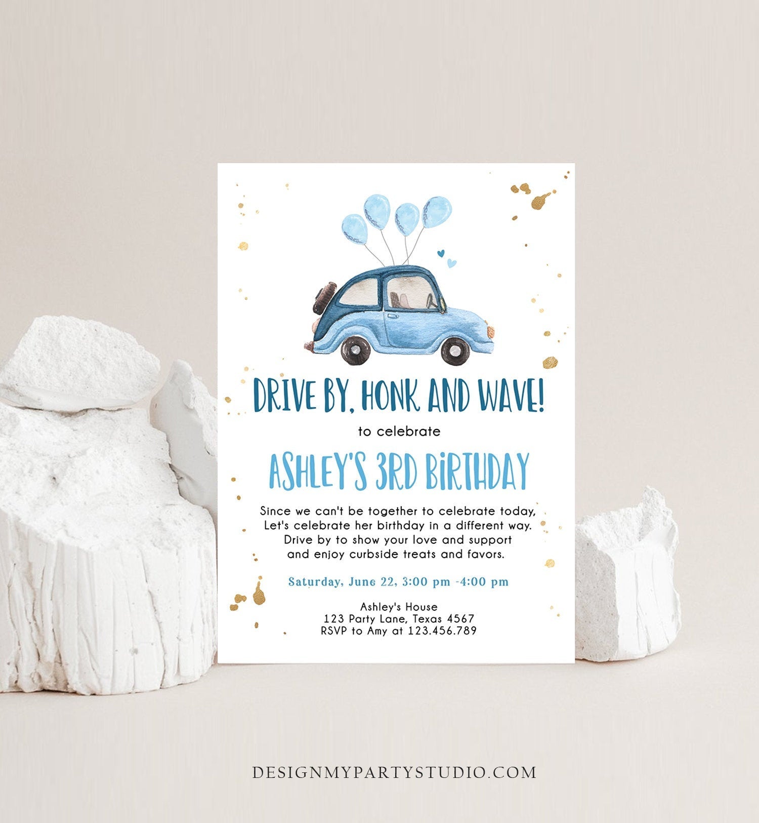 Editable Drive By Birthday Parade Invitation Virtual Party Invite Honk Wave Car Girl Blue Quarantine Through Download Digital Corjl 0335