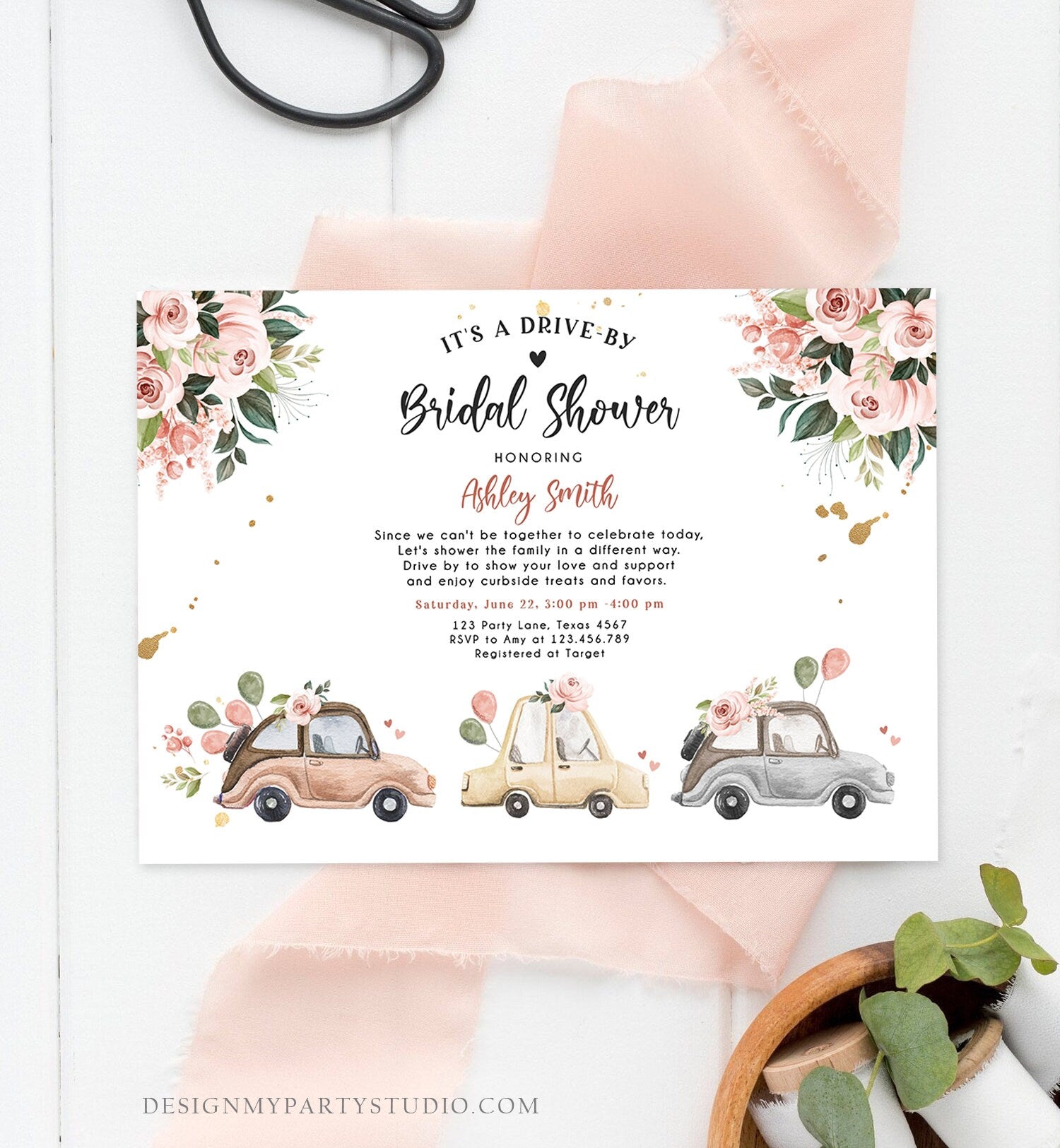 Editable Drive By Bridal Shower Invitation Couples Shower Invite Quarantine Drive Through Neutral Floral Wedding Digital Corjl Template 0335