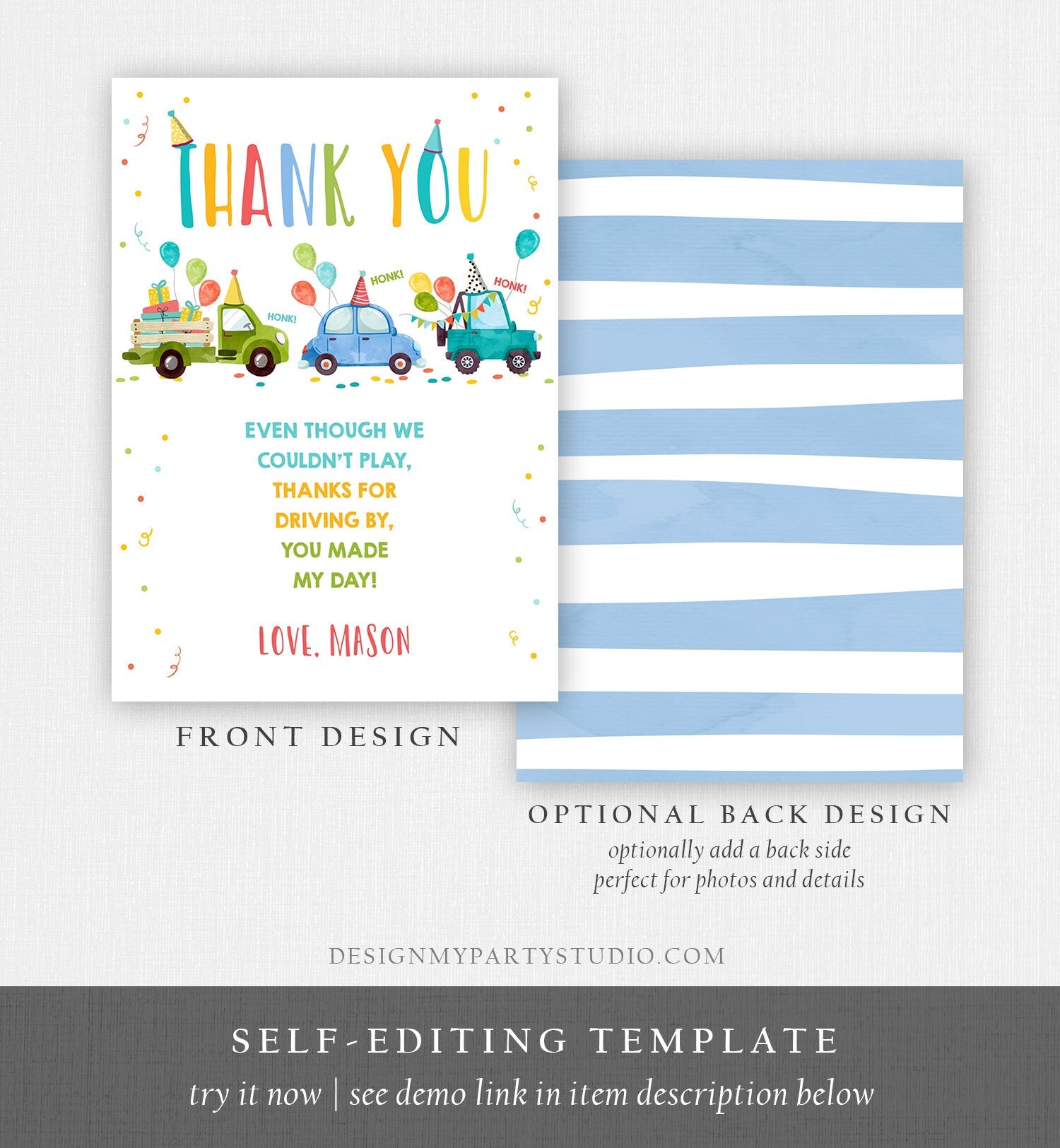 Editable Drive By Birthday Parade Thank You Card Virtual Party Invite Honk Wave Car Boy Blue Quarantine Instant Download Digital Corjl 0333